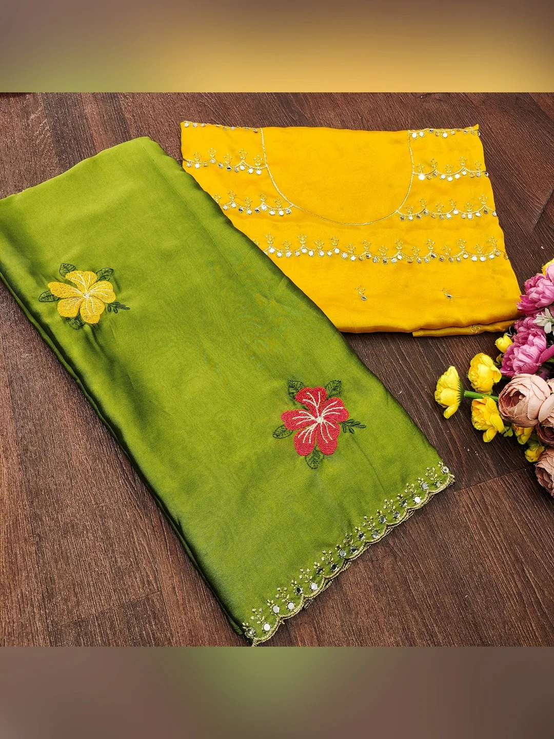 Green & Yellow Floral Thread Work Saree Viscose Beautiful Mirror Border Festive Glamour - Image 2