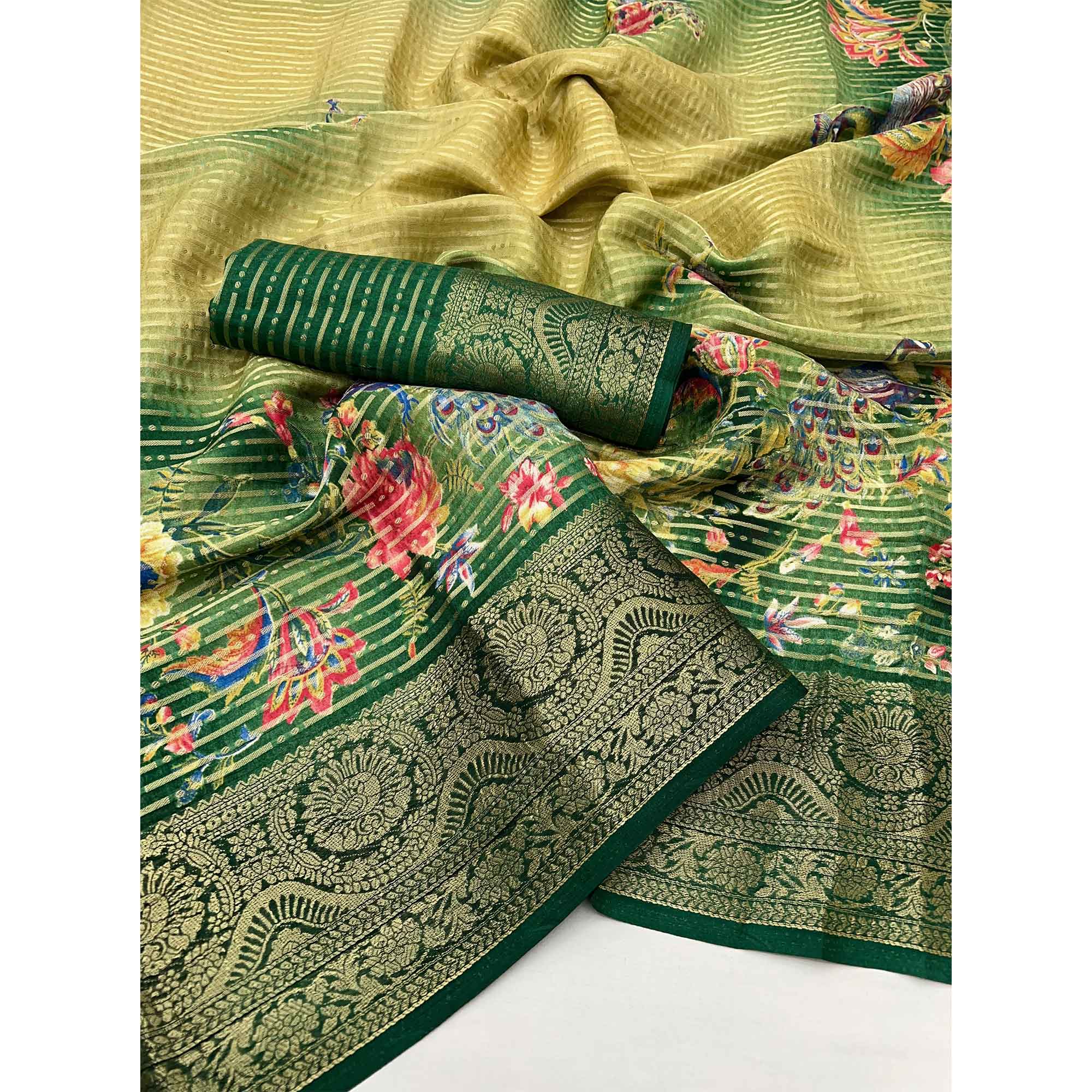 Green & Yellow Floral Woven With Printed Georgette Saree - Image 3