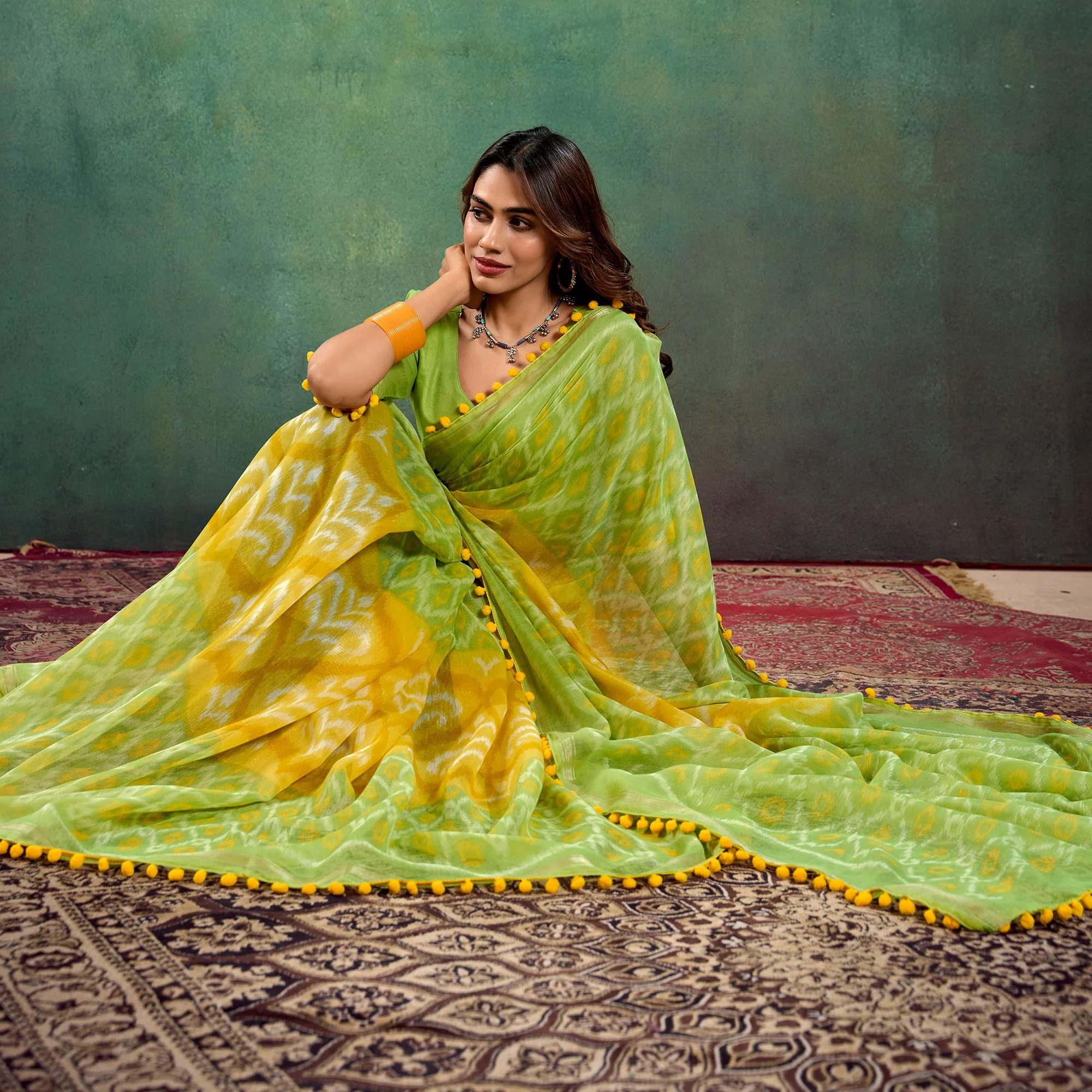 Green & Yellow Ikkat Printed Mul Mul Cotton Saree - Image 3