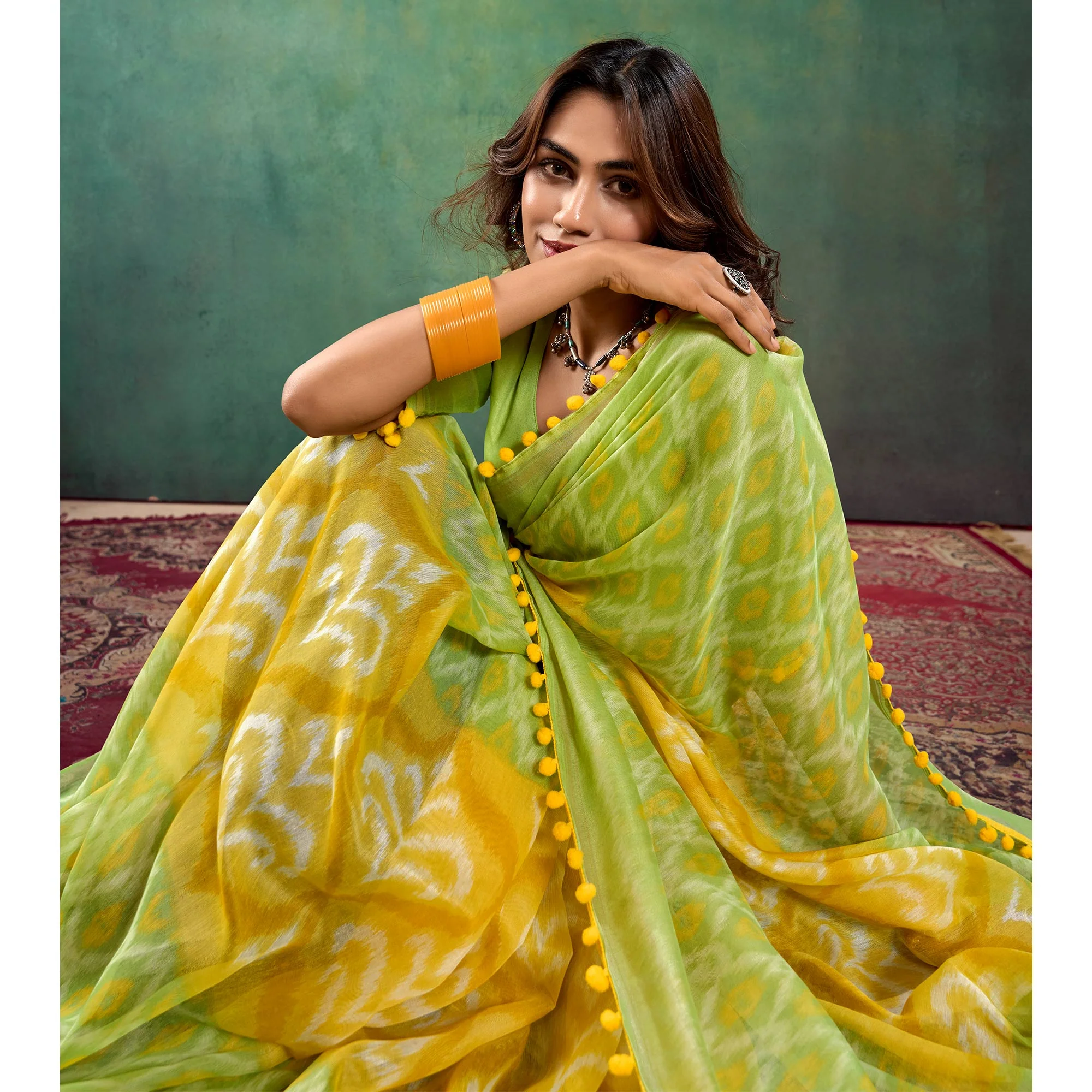 Green & Yellow Ikkat Printed Mul Mul Cotton Saree - Image 4