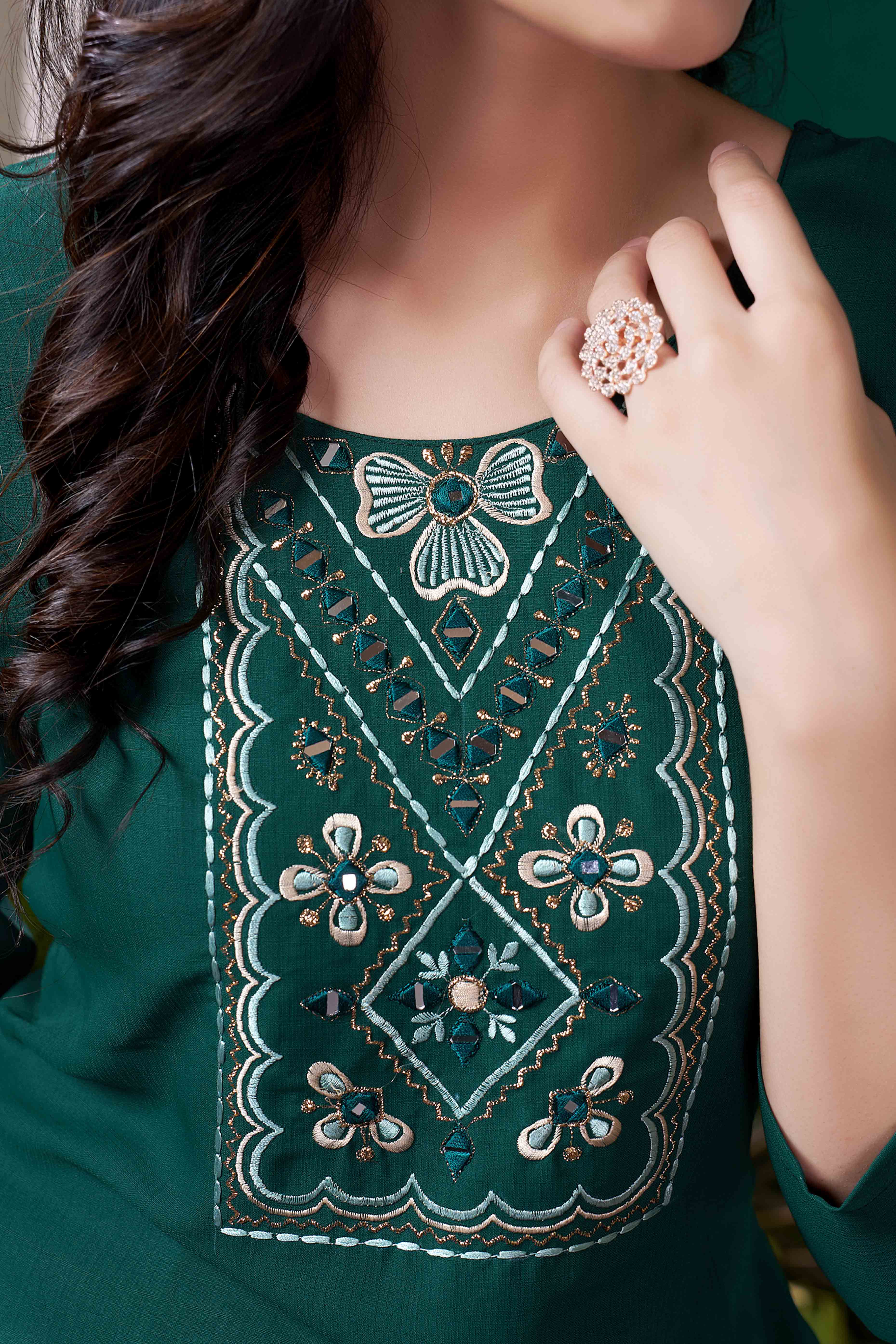 Green Yoke Embroidered Pure Cotton Straight Kurti - Image 2