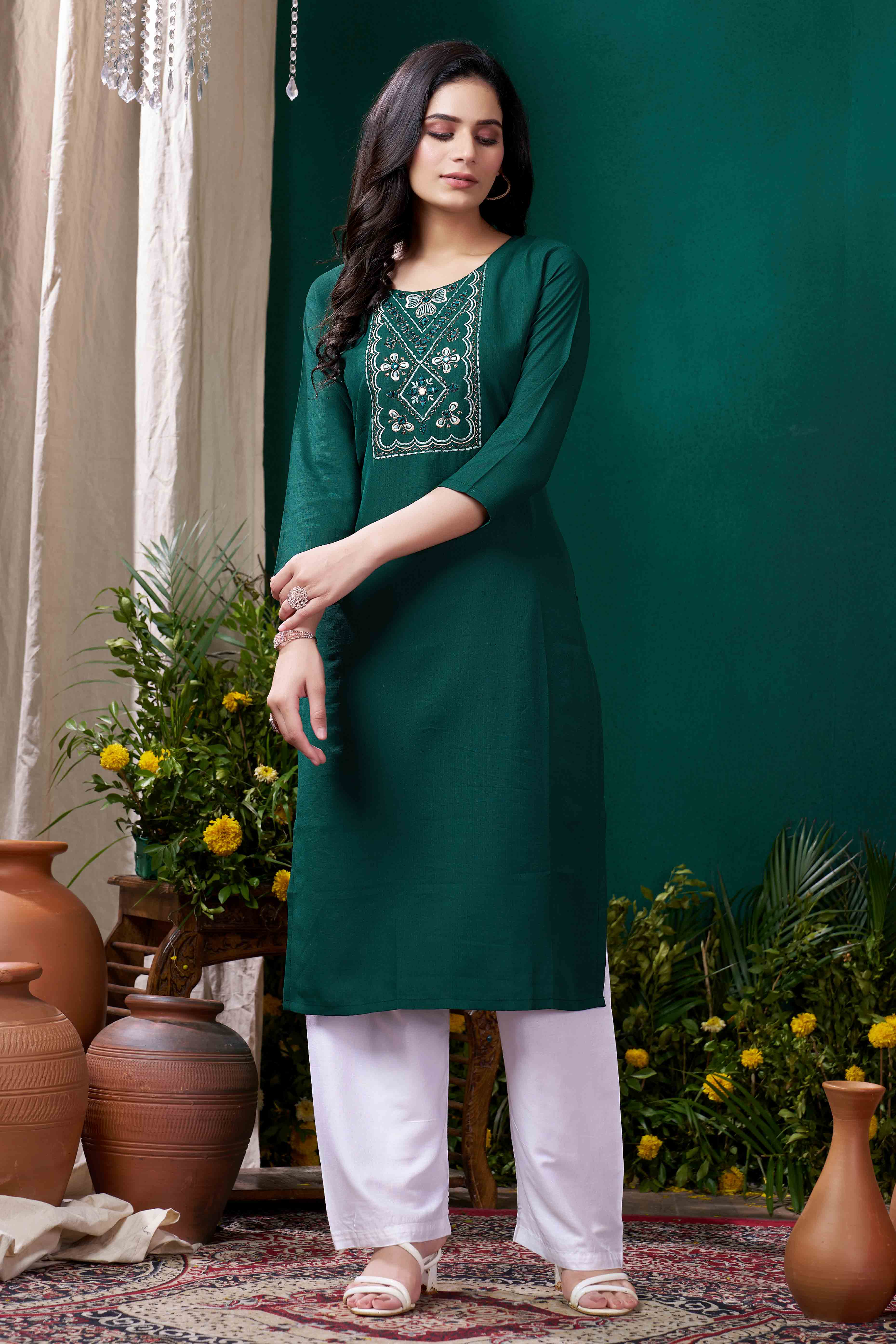Green Yoke Embroidered Pure Cotton Straight Kurti - Image 3