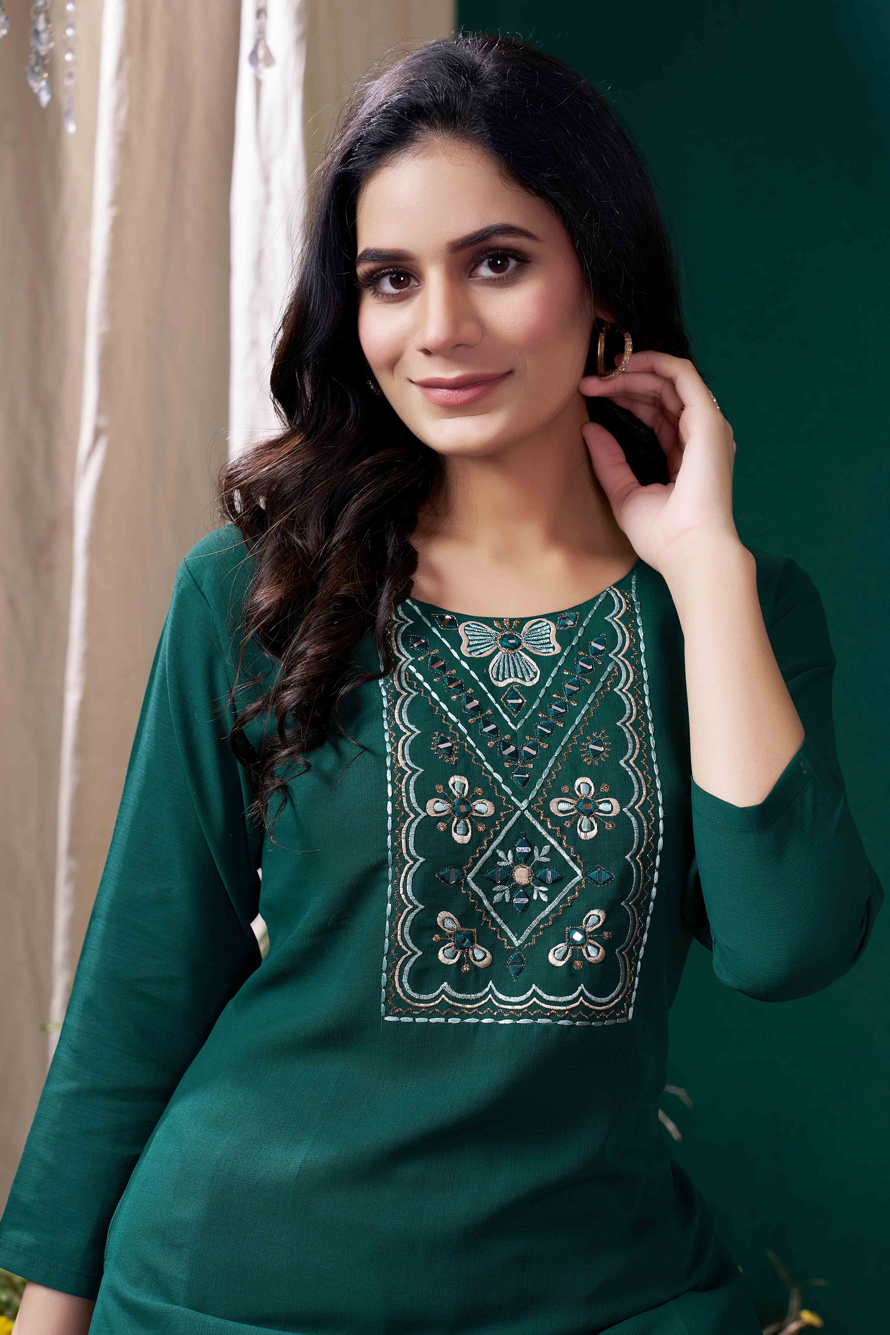 Green Yoke Embroidered Pure Cotton Straight Kurti - Image 4
