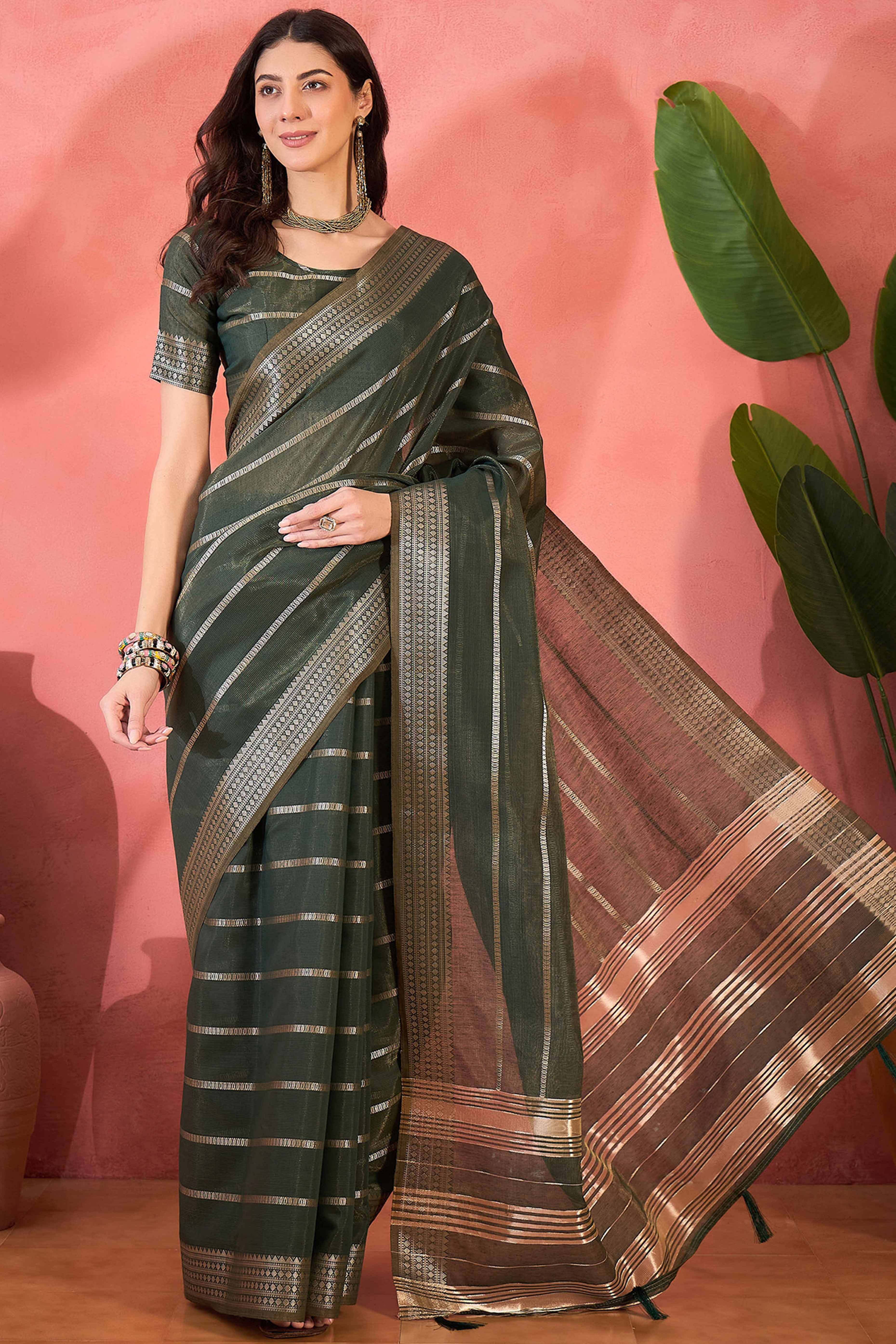 Green Zari Striped Khadi Organza Saree With Graceful Tassel Accents - Image 3