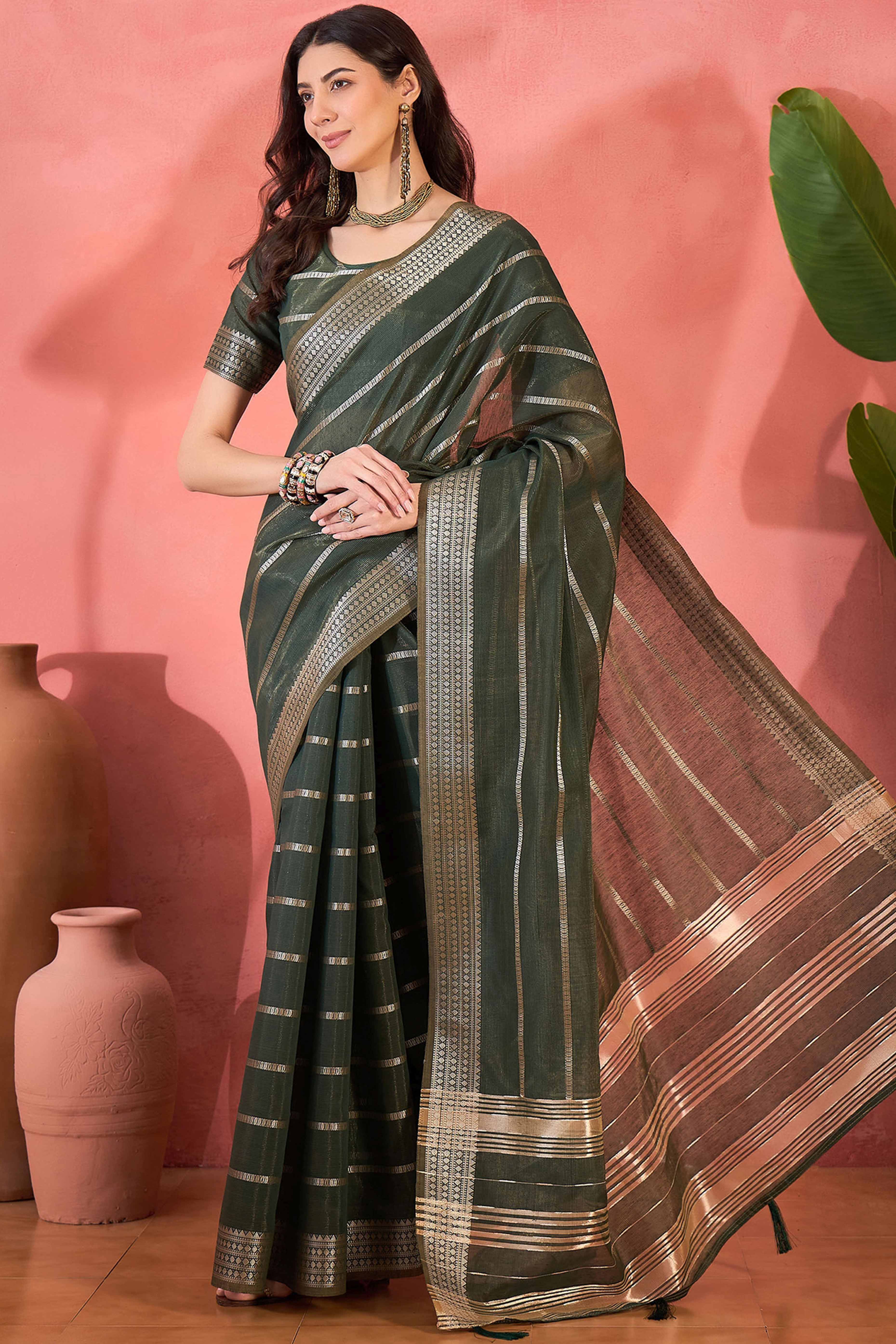 Green Zari Striped Khadi Organza Saree With Graceful Tassel Accents - Image 4