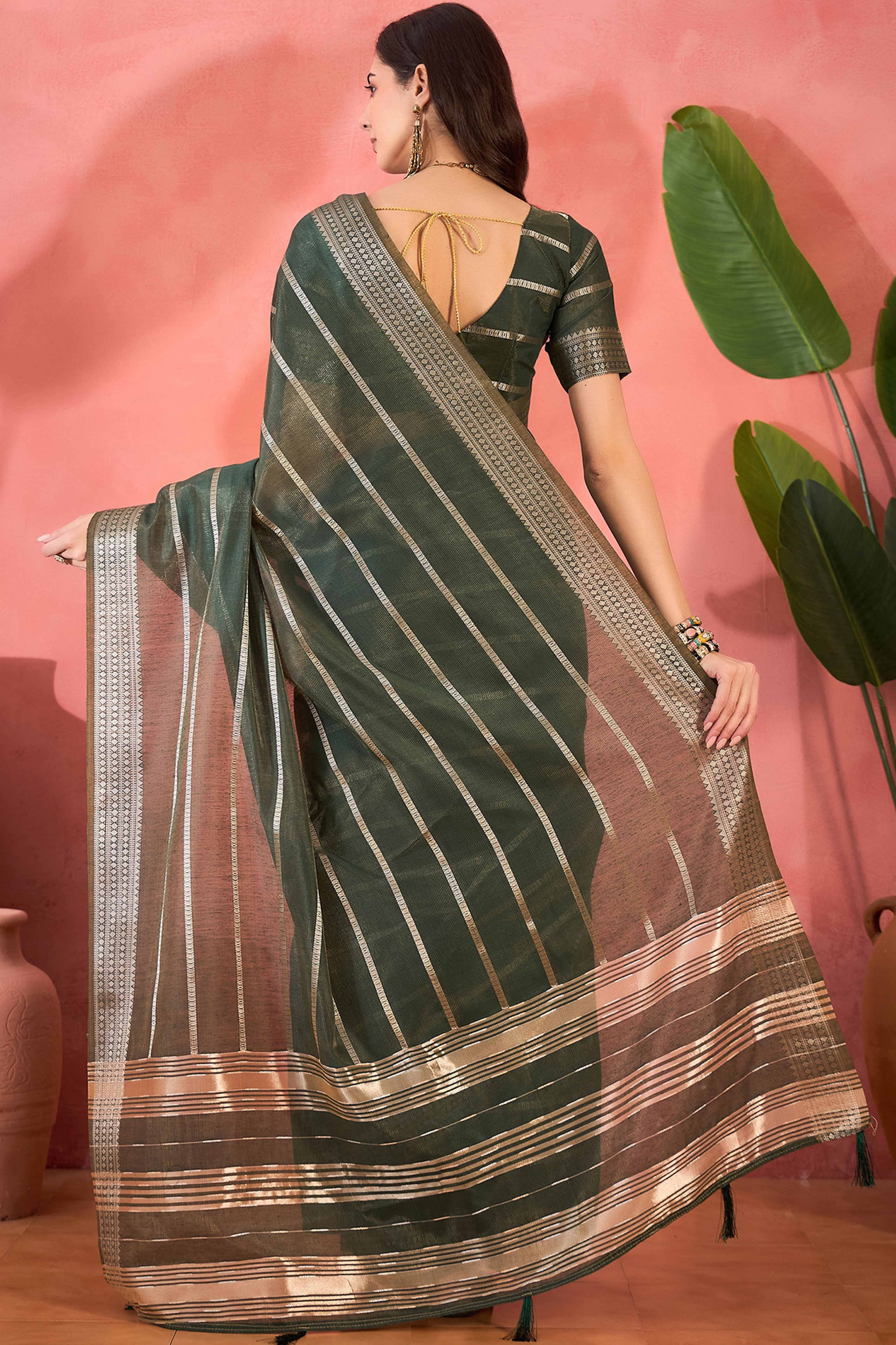 Green Zari Striped Khadi Organza Saree With Graceful Tassel Accents - Image 5