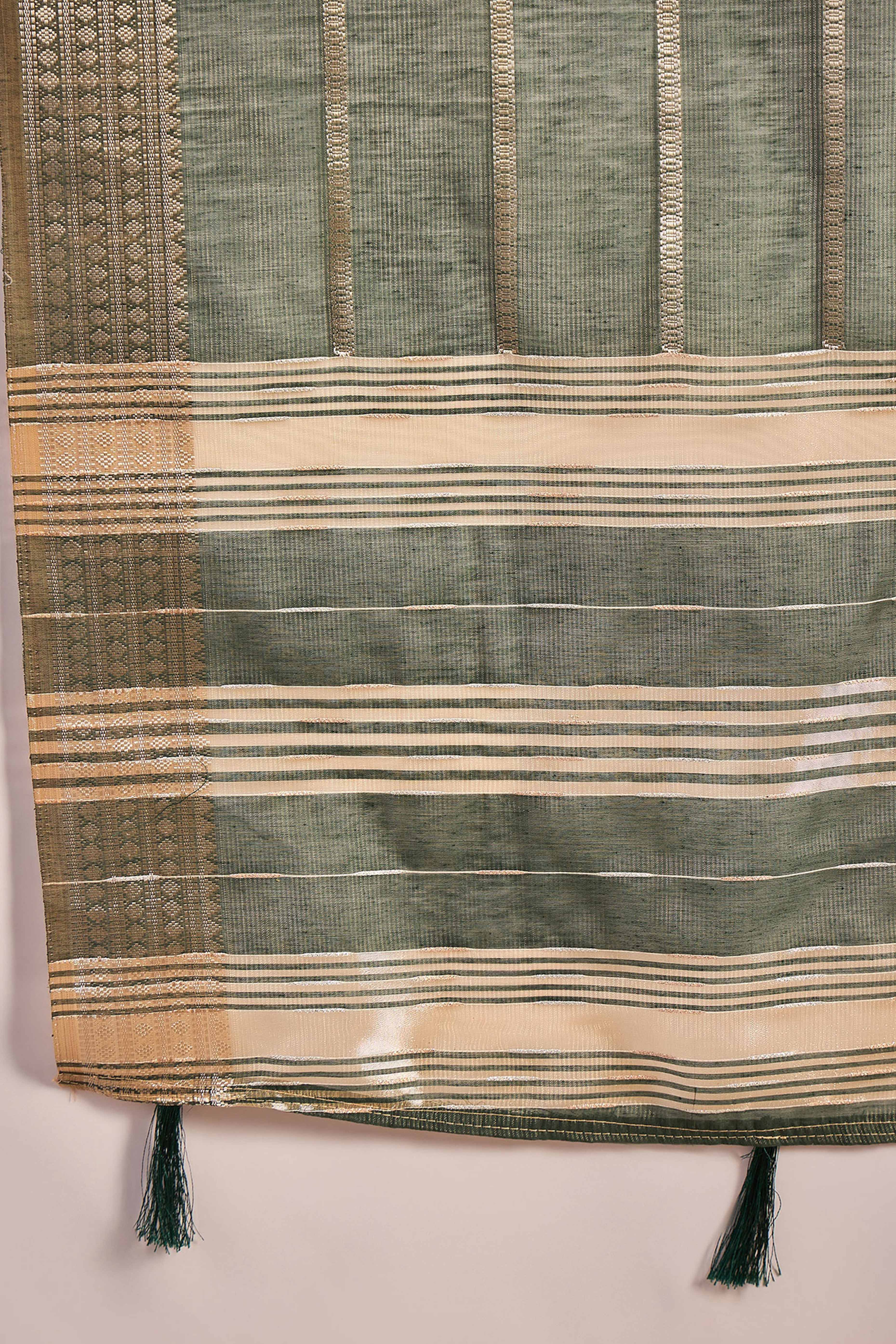 Green Zari Striped Khadi Organza Saree With Graceful Tassel Accents - Image 8