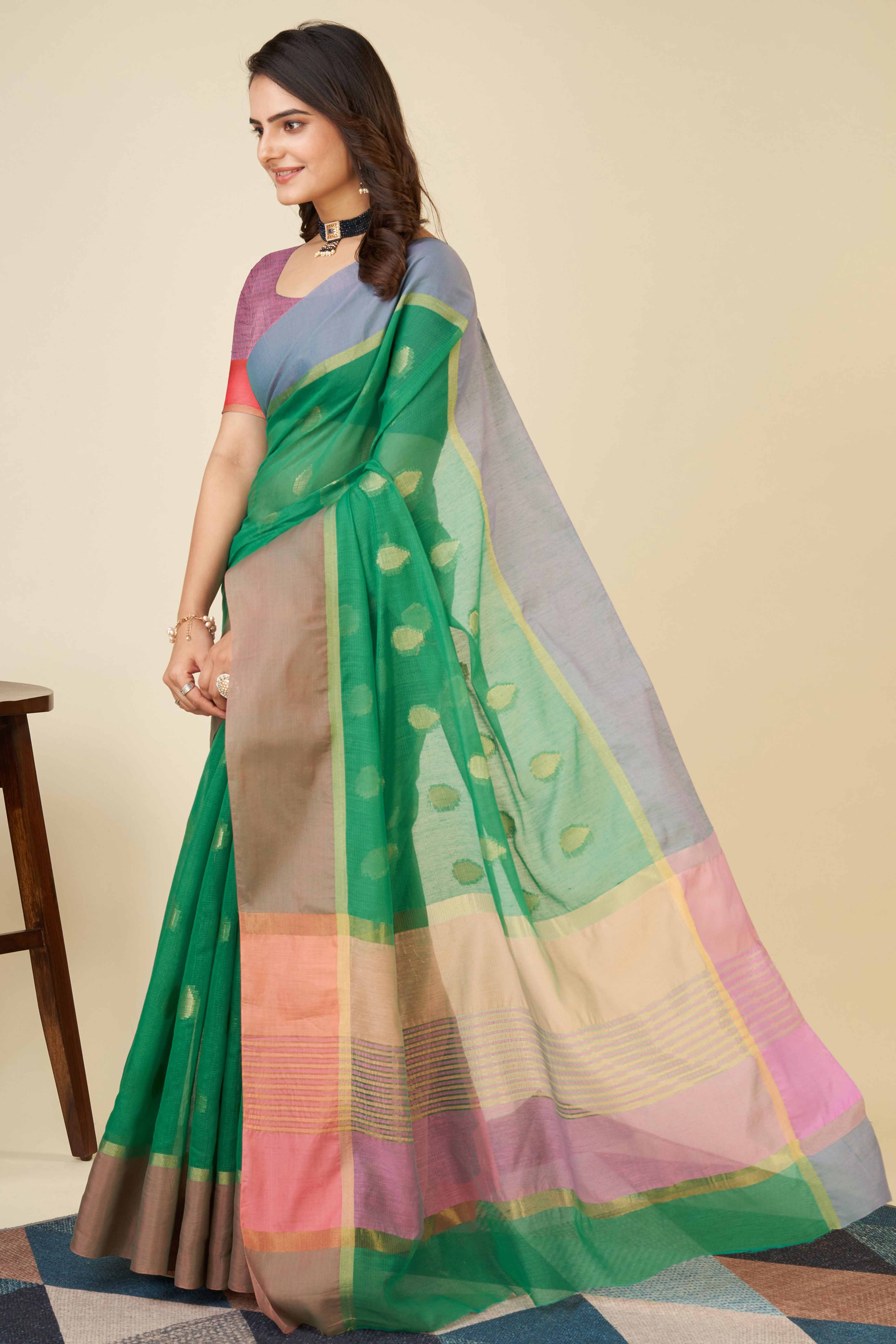 Green Zari Weaving Cotton Silk Saree - Image 3