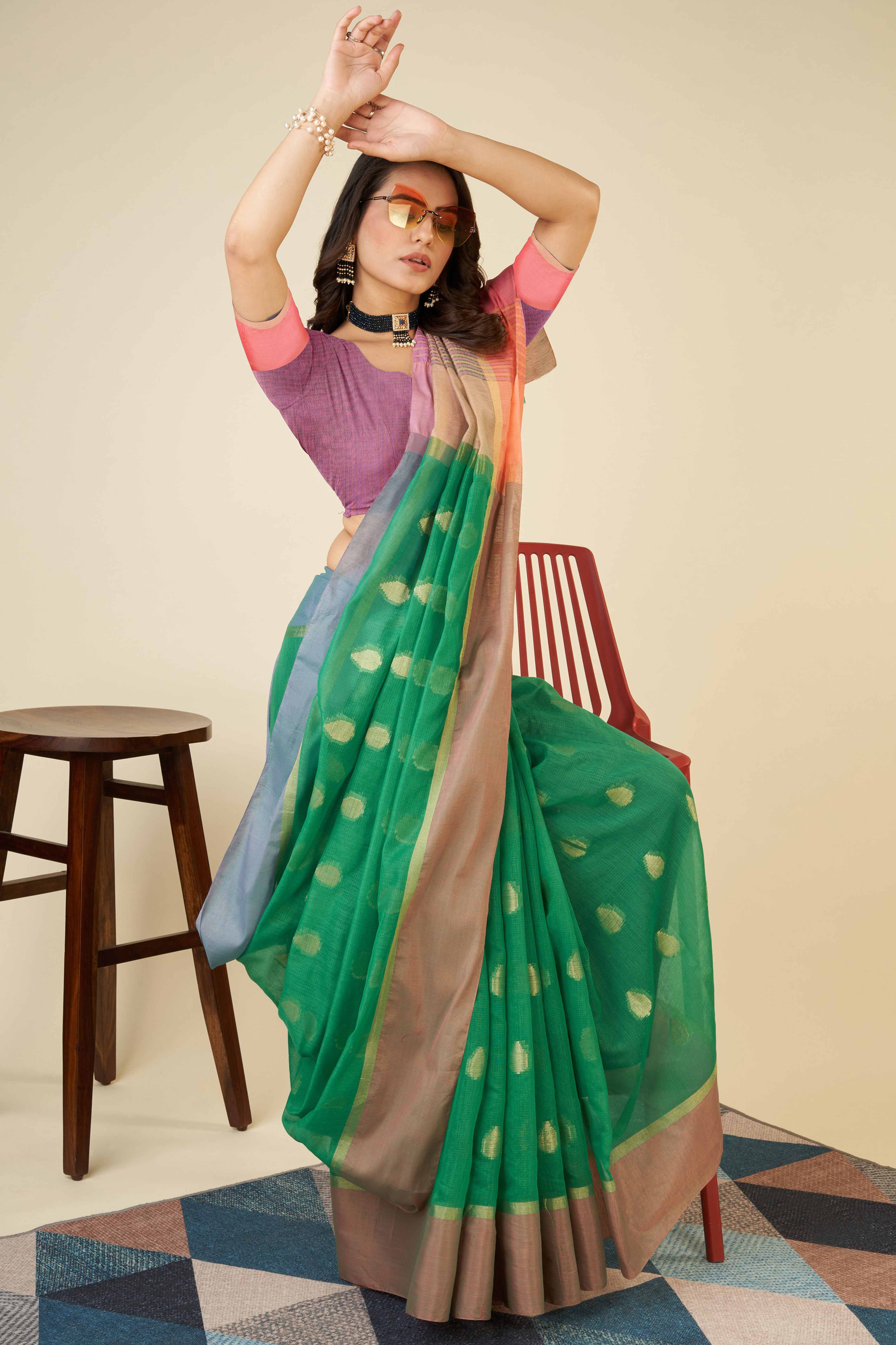Green Zari Weaving Cotton Silk Saree - Image 4