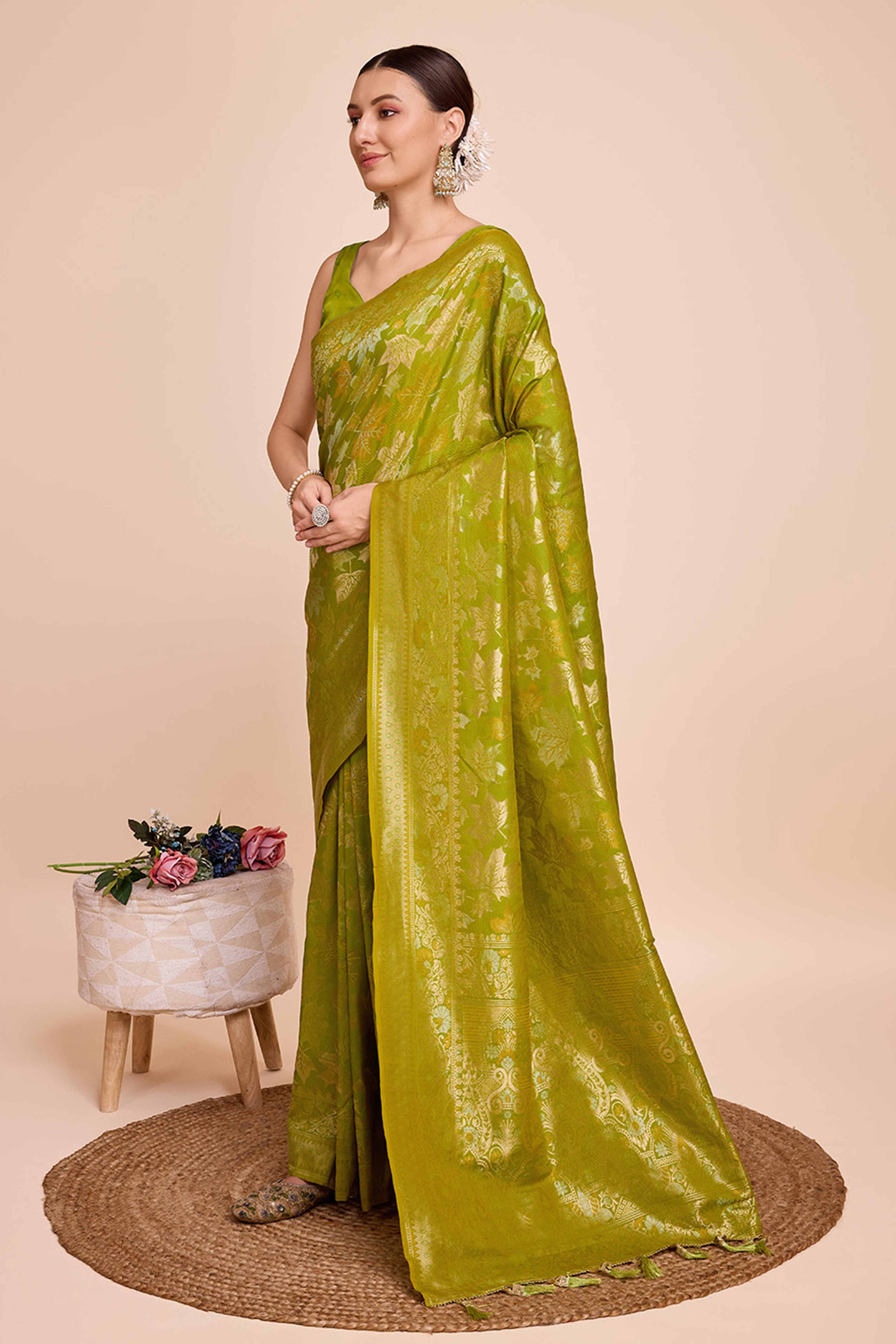 Green Zari Weaving Pure Silk Saree - Image 3