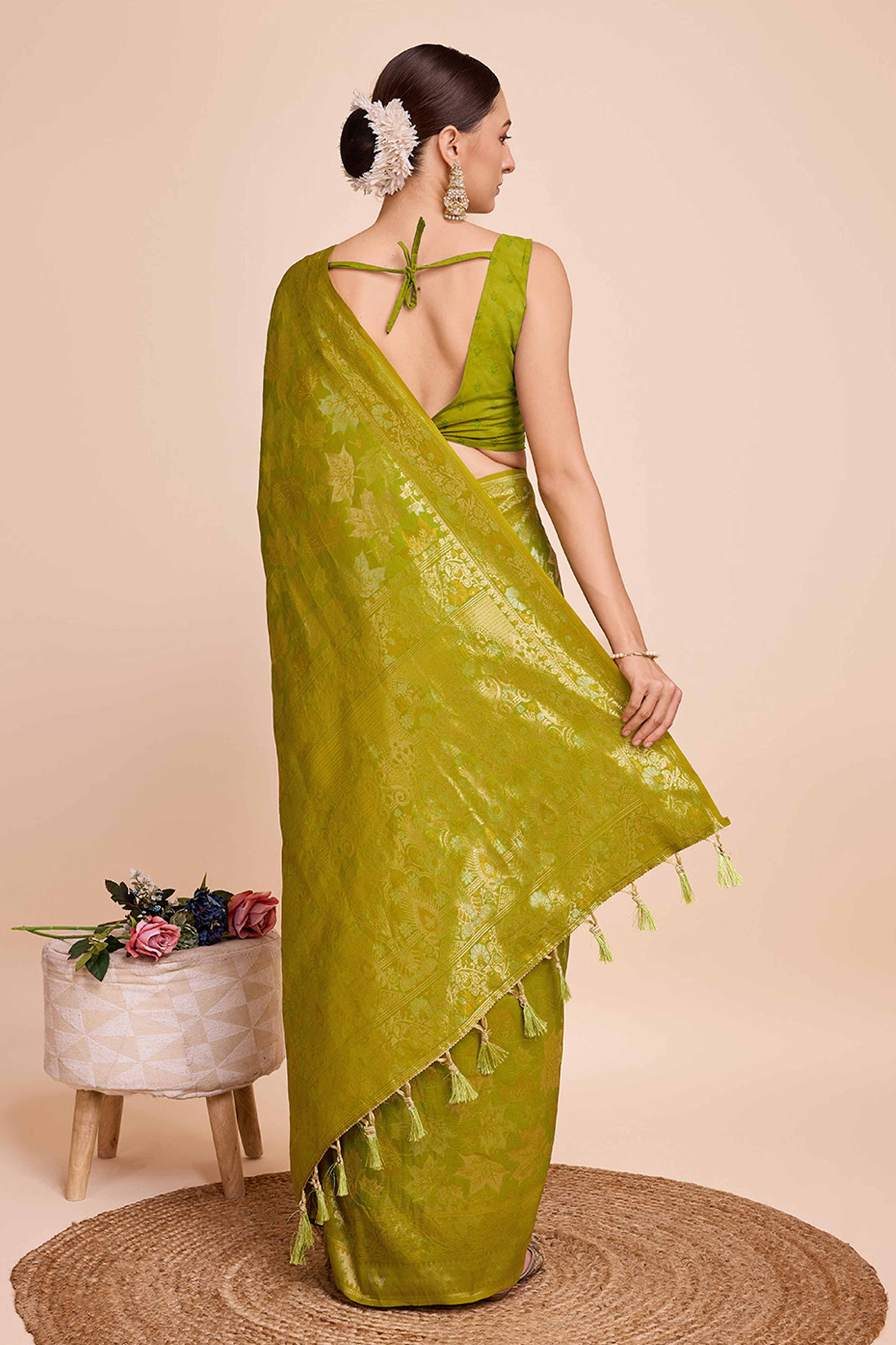 Green Zari Weaving Pure Silk Saree - Image 5