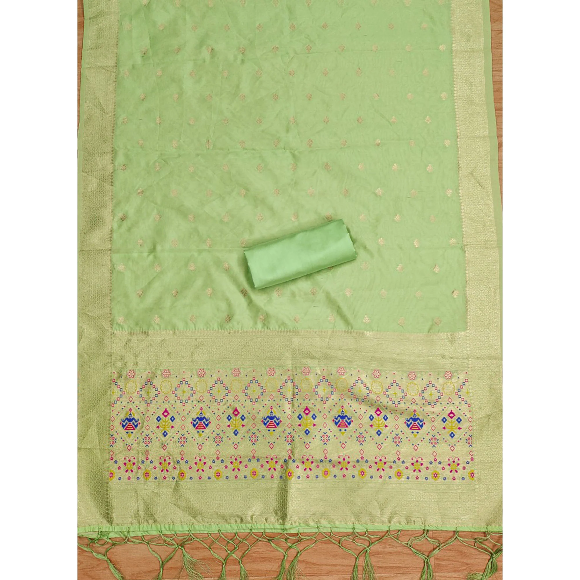 Green Zari Weaving Soft Banarasi Silk Dress Material - Image 5