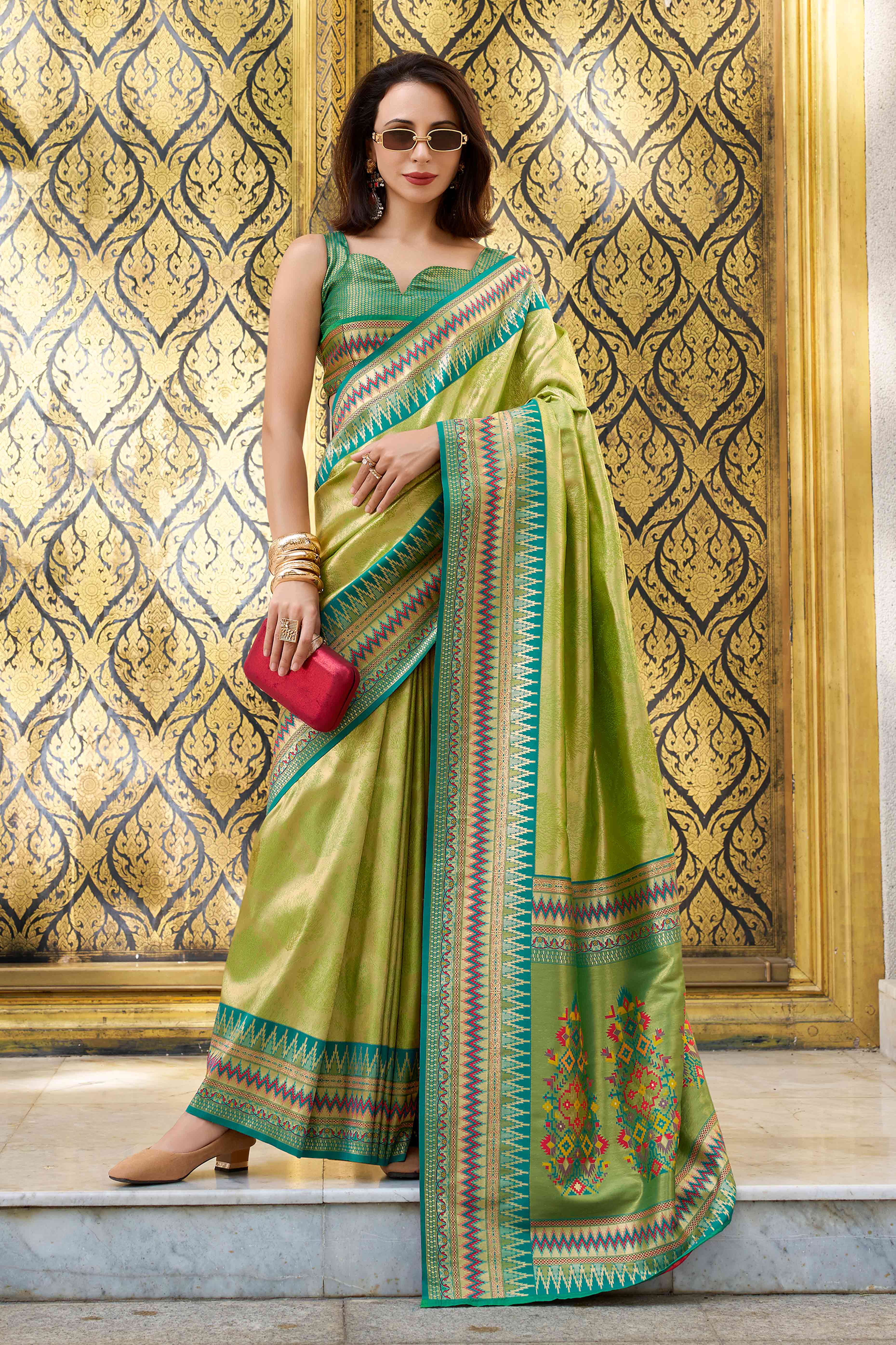 Green Zari Weaving Tissue Silk Saree - Image 3