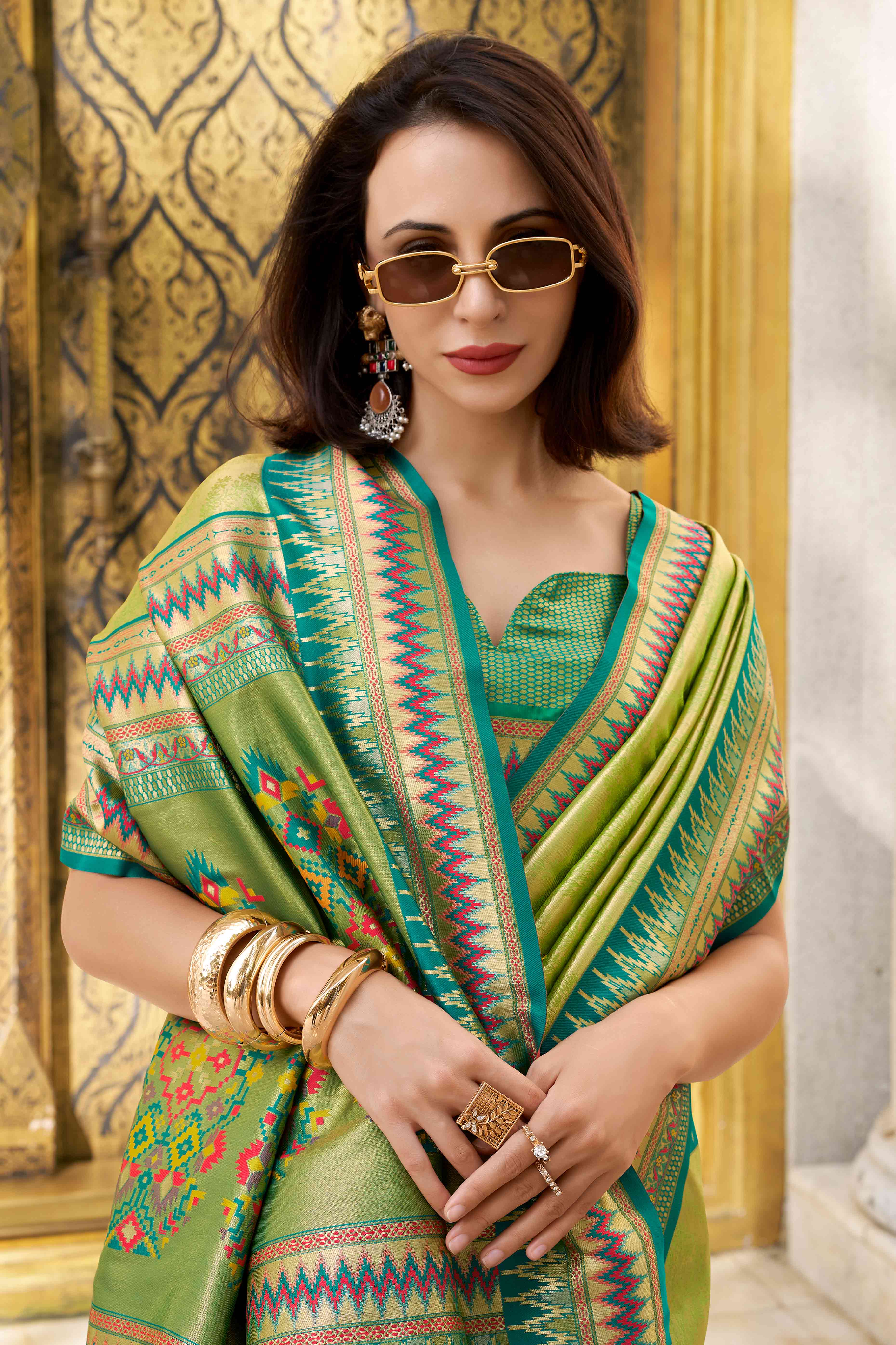 Green Zari Weaving Tissue Silk Saree - Image 4