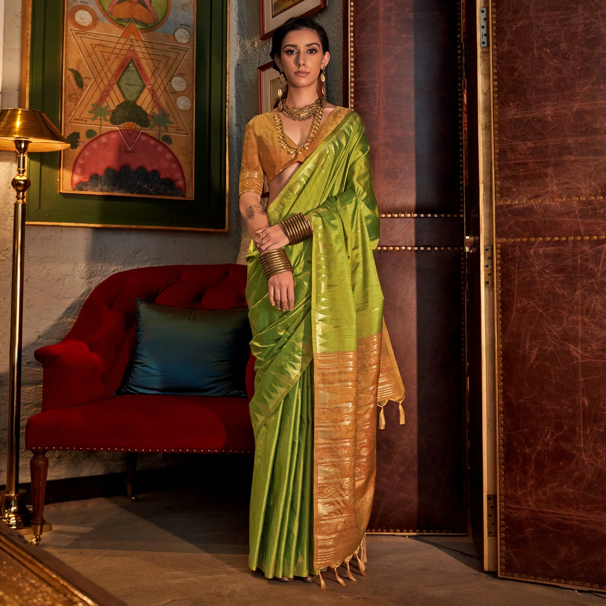 Green Zari Work Woven Tussar Silk Saree With Tassels - Image 2