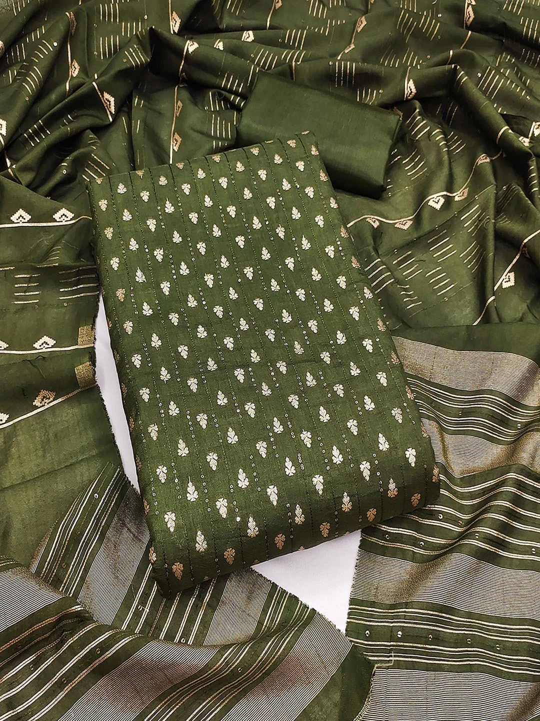 Green Zari Woven Chanderi Jacquard Fabric Dress Material for Graceful Ethnic Wear