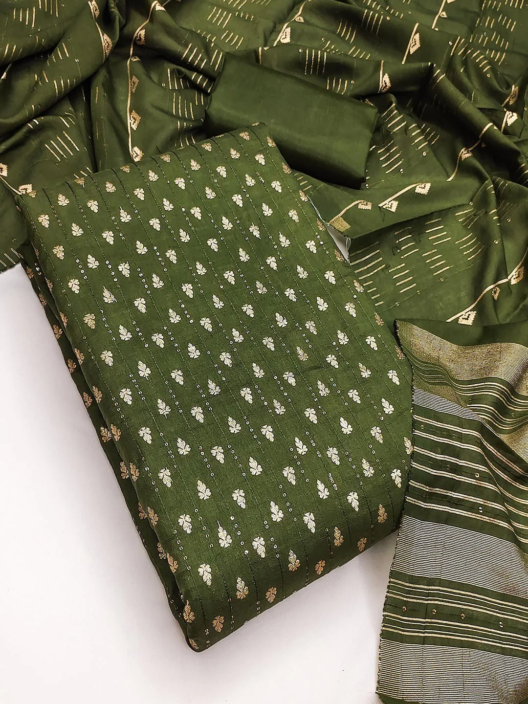 Green Zari Woven Chanderi Jacquard Fabric Dress Material for Graceful Ethnic Wear - Image 4