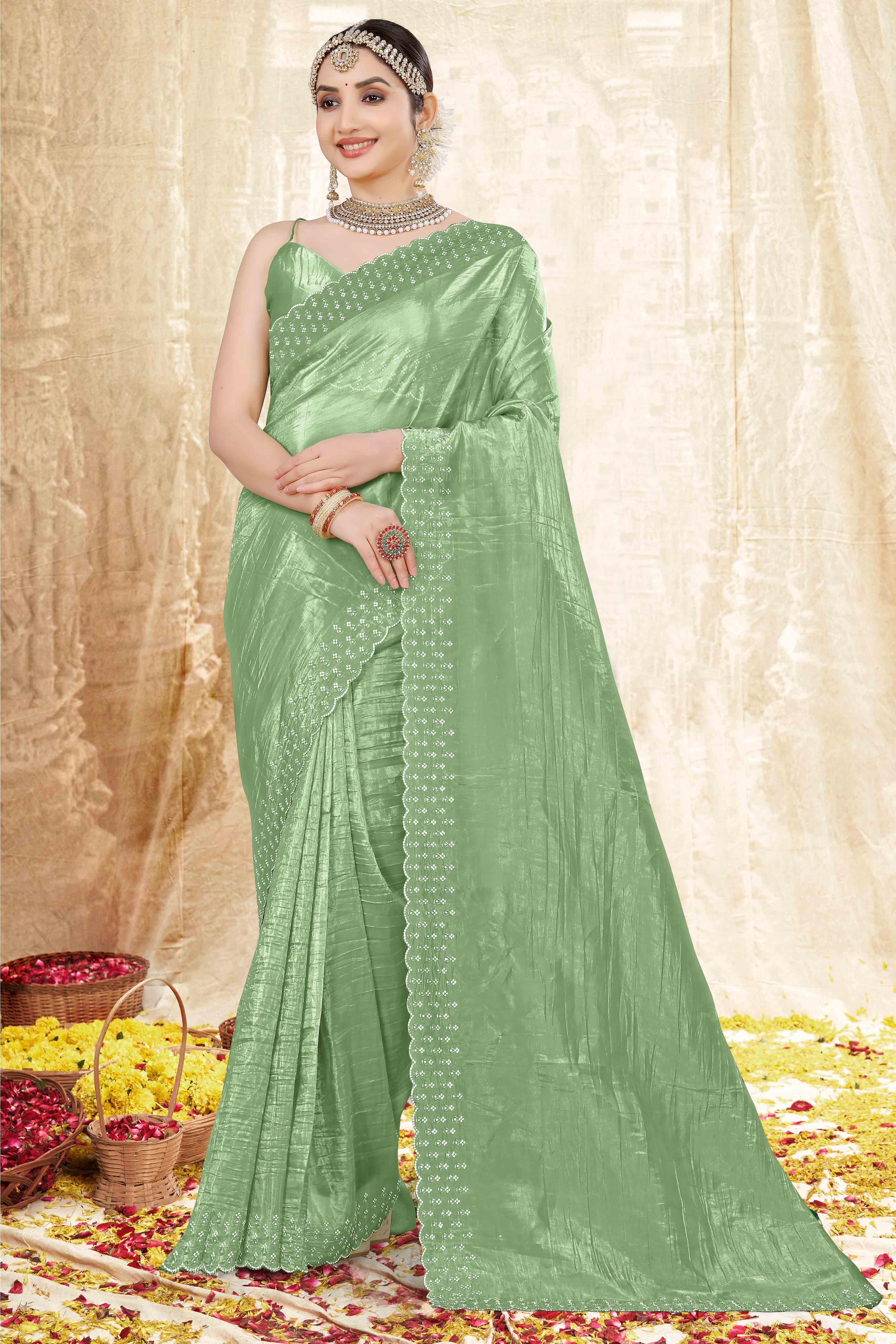 Green Zarkan Diamond Work Tissue Gold Crush Saree - Image 3
