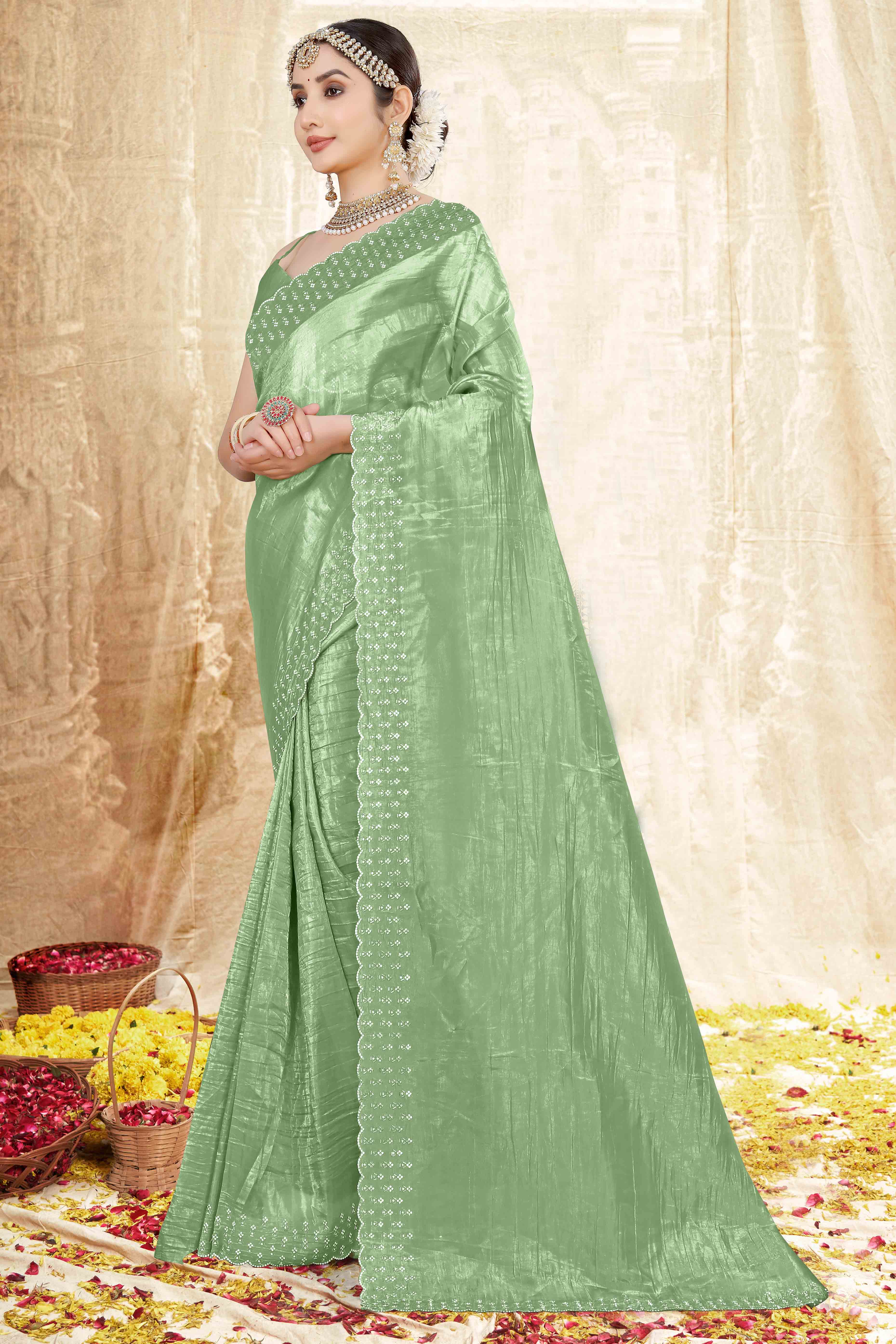Green Zarkan Diamond Work Tissue Gold Crush Saree - Image 4