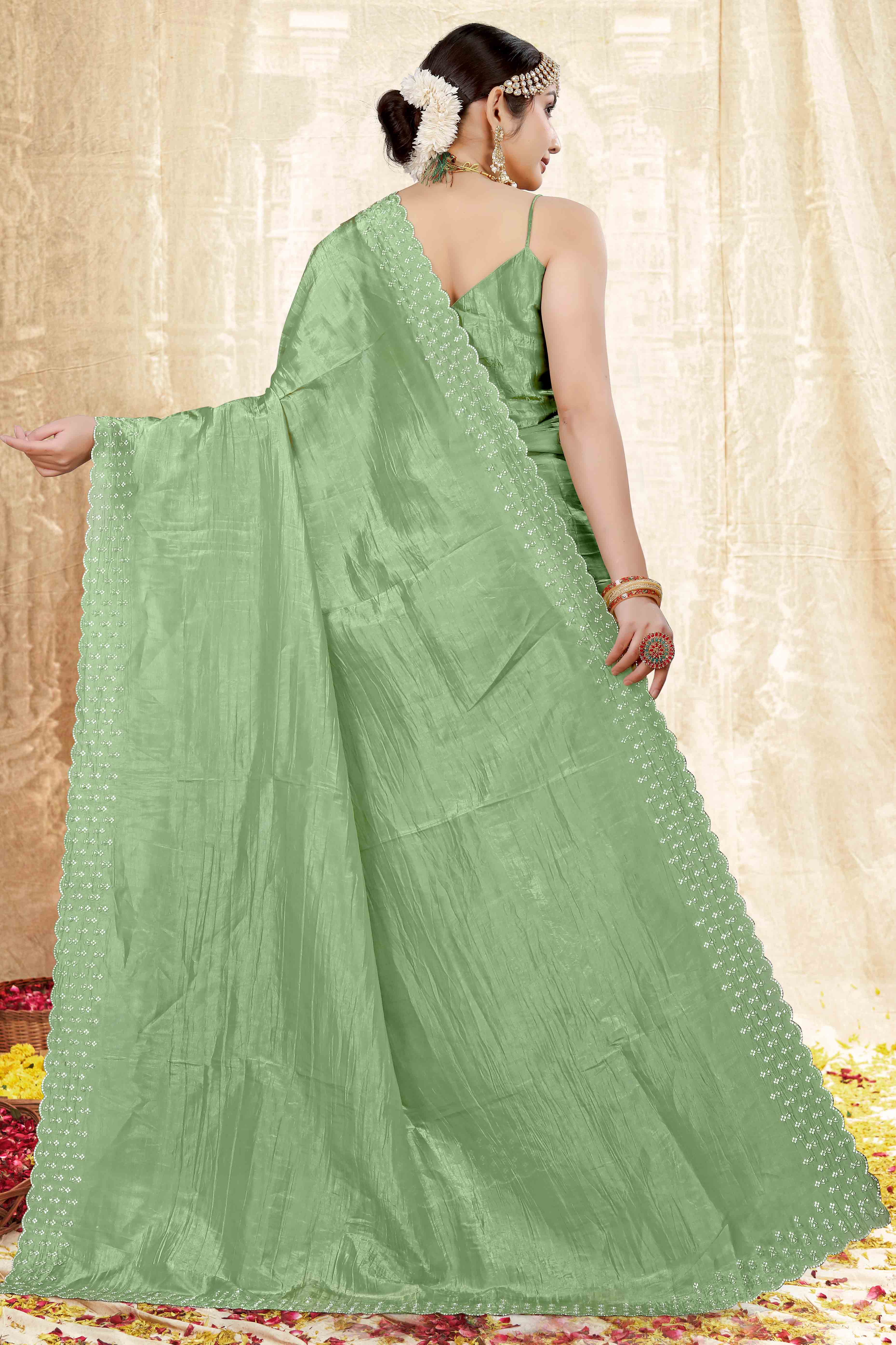 Green Zarkan Diamond Work Tissue Gold Crush Saree - Image 5