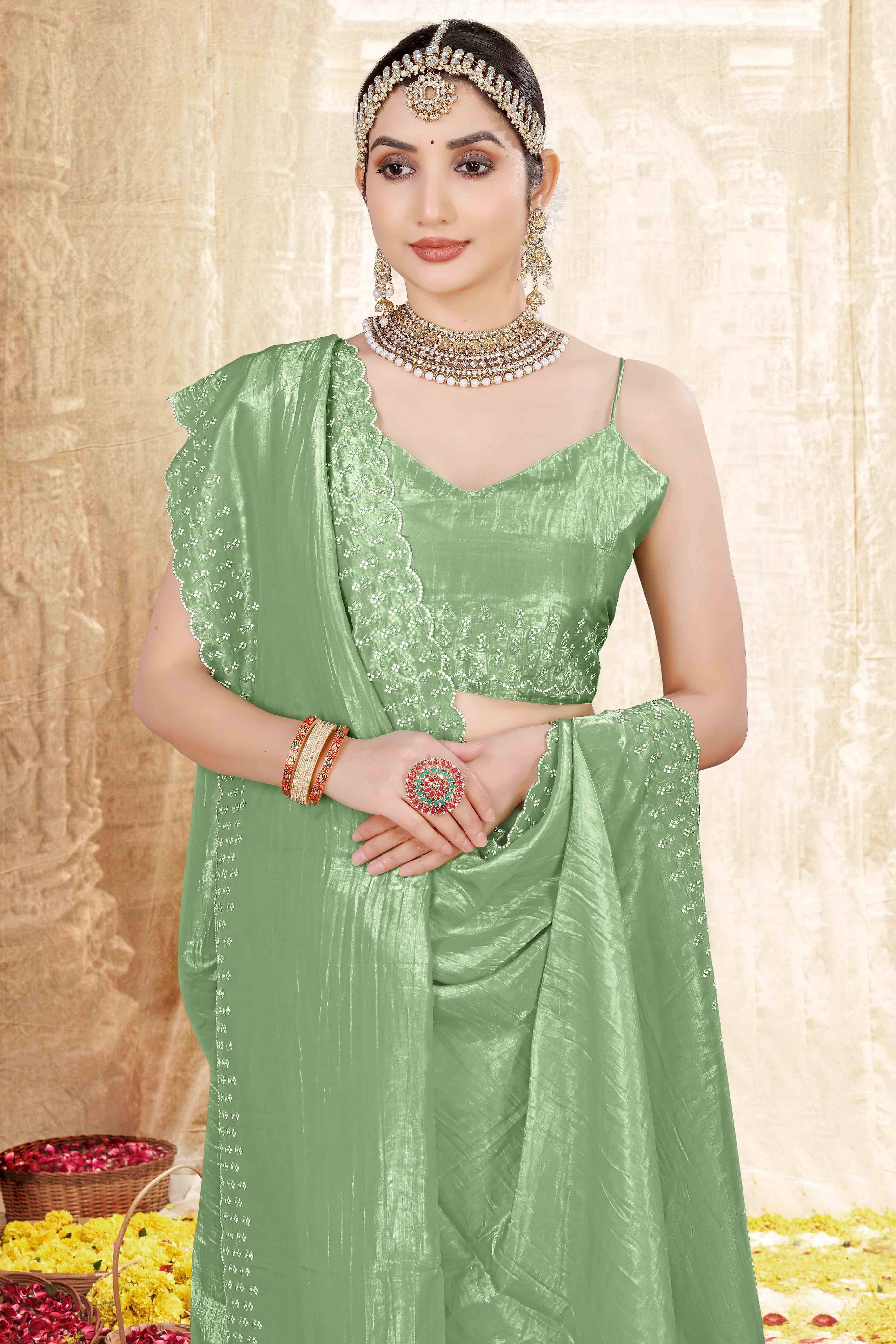 Green Zarkan Diamond Work Tissue Gold Crush Saree - Image 6