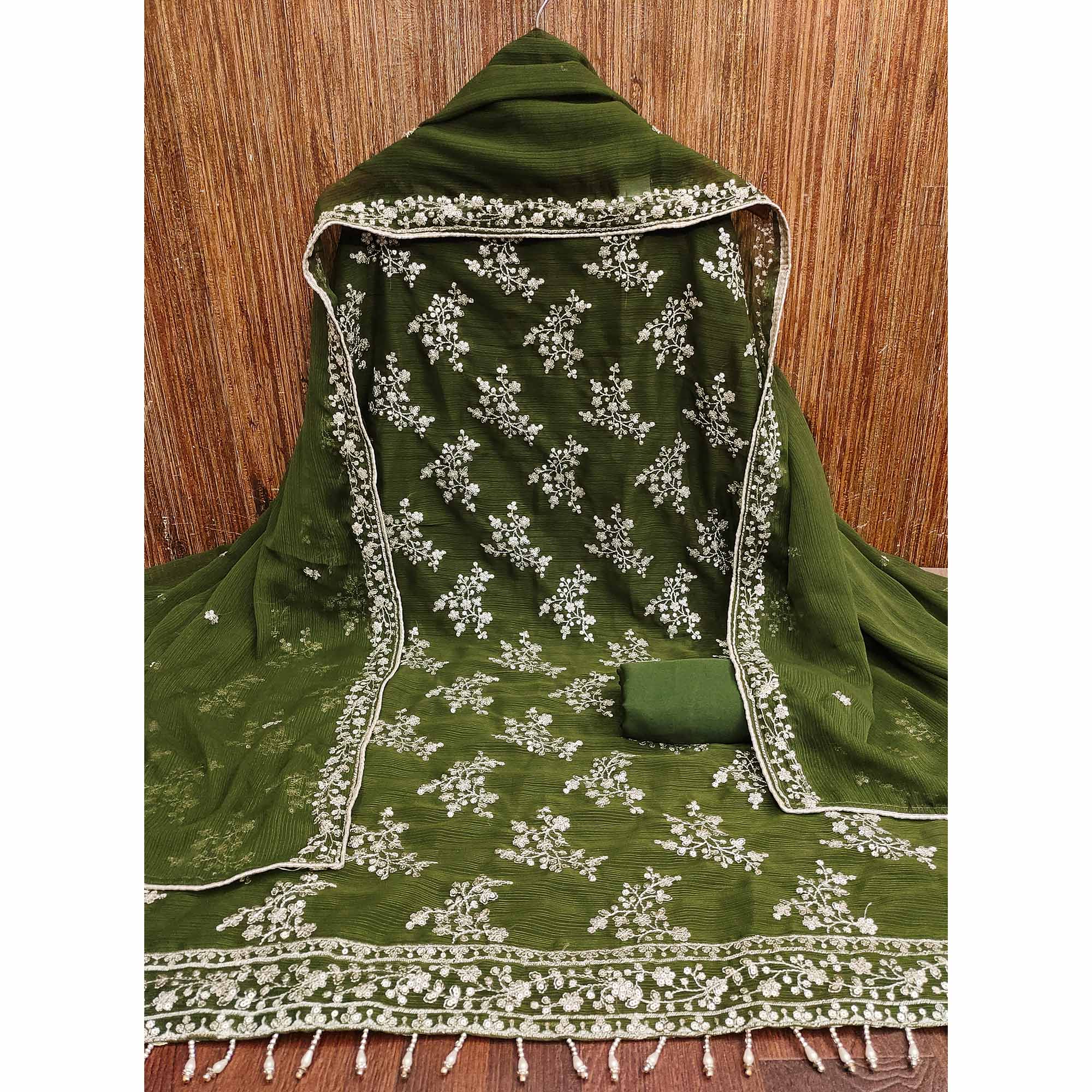 Green Zomato Art Silk Dress Material Adorned With Floral Sequins Embroidery - Image 3