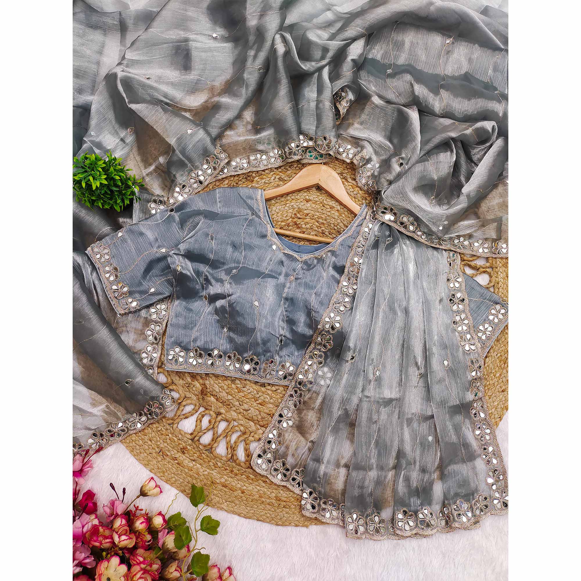 Grey Art Silk Saree Highlighted with Embroidery & Mirror Detailing - Image 2