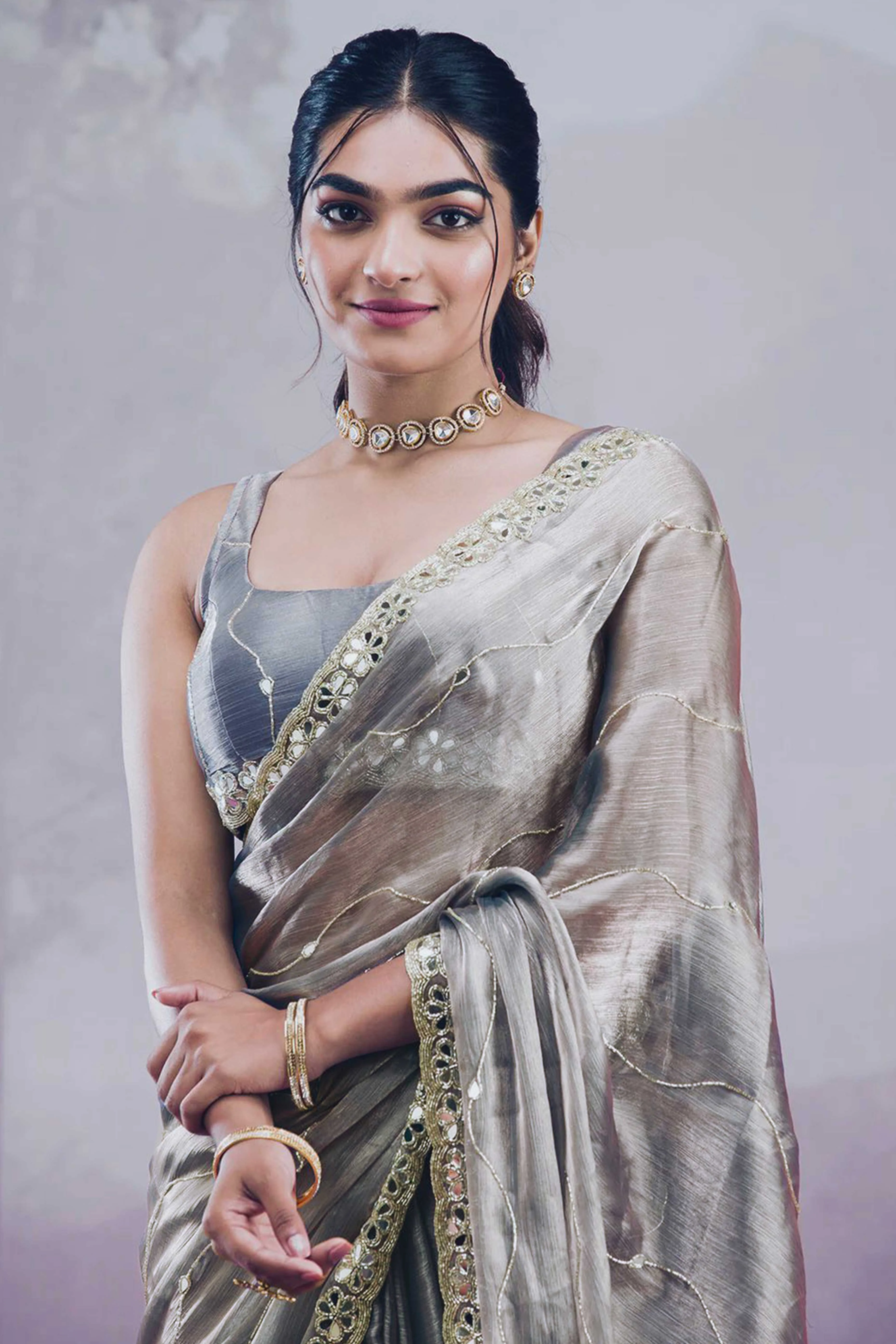 Grey Art Silk Saree Highlighted with Embroidery & Mirror Detailing - Image 5