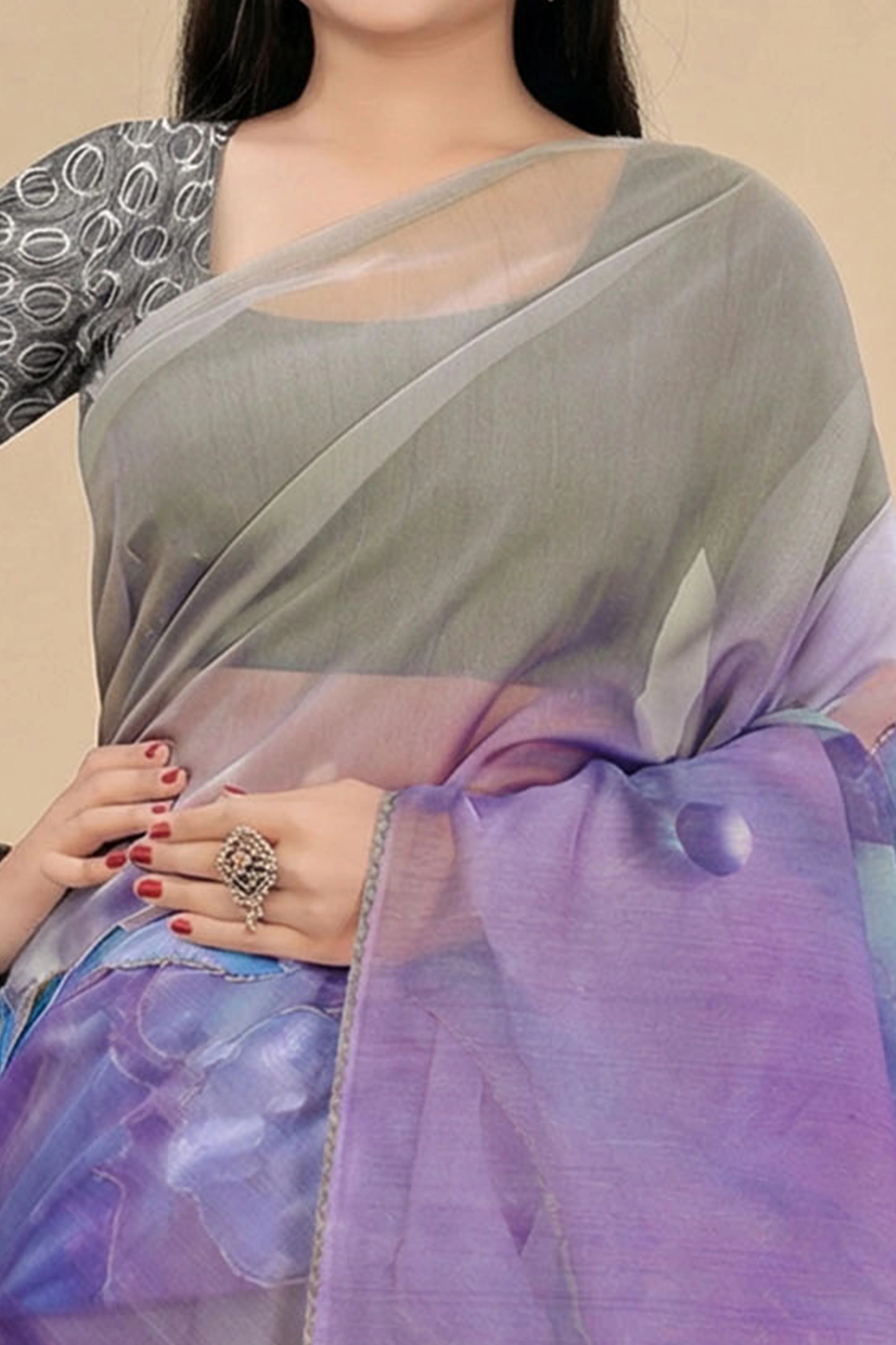 Grey Beads Work Saree Flowy Organza Blend All Over Floral Print Festive Wear - Image 2