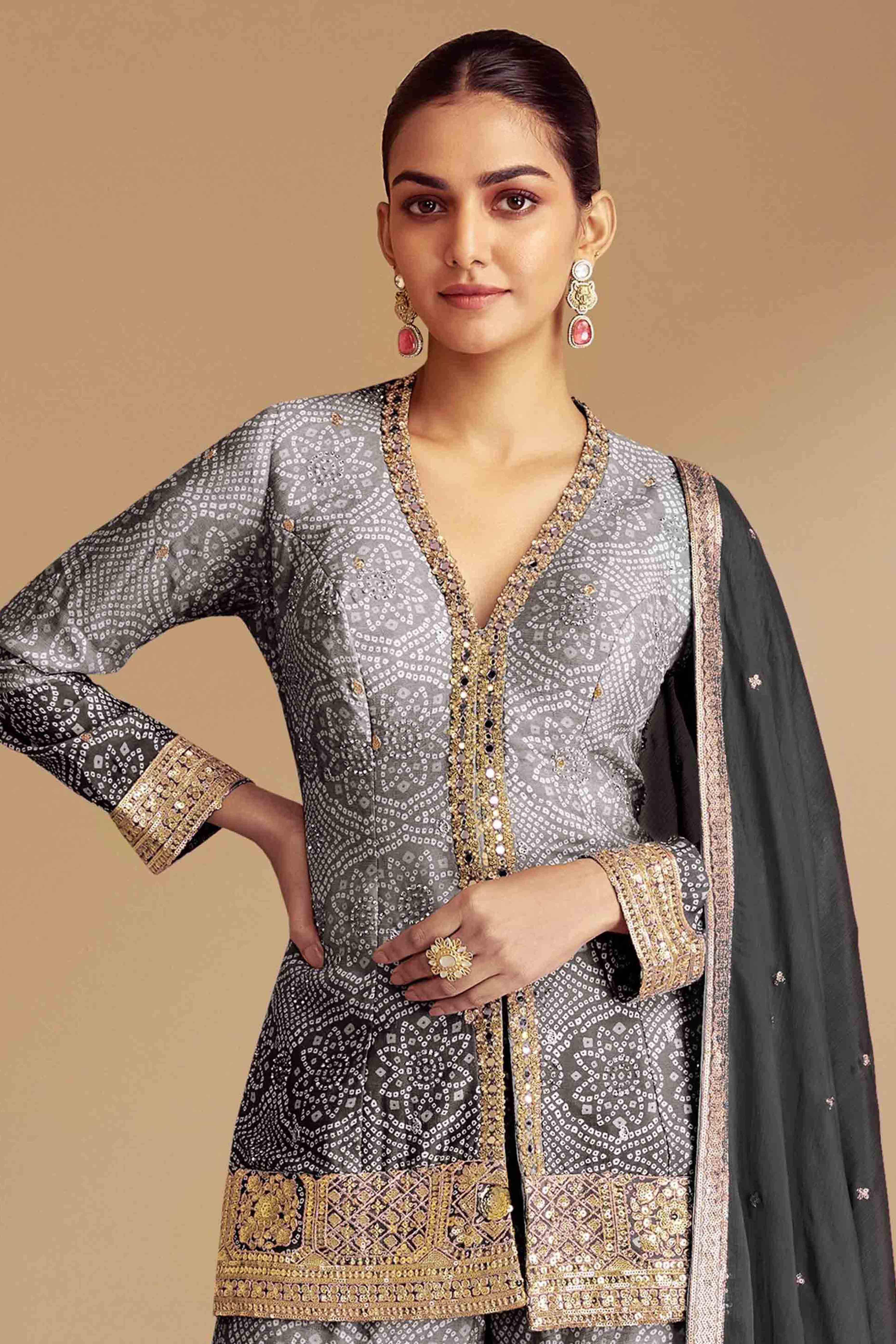 Grey & Black Bandhani Print With Sequins Embroidered Chinon Palazzo Suit - Image 3