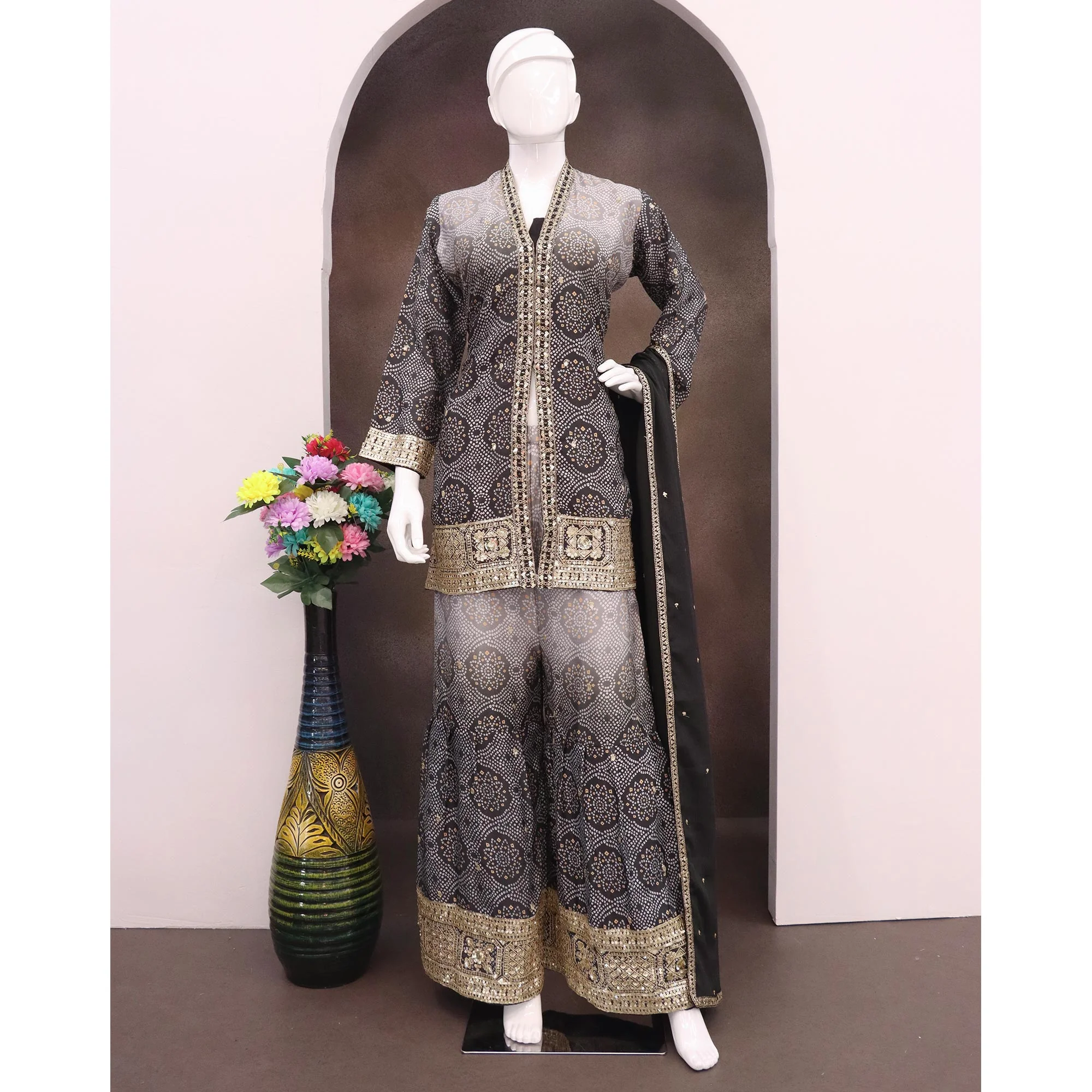 Grey & Black Bandhani Print With Sequins Embroidered Chinon Palazzo Suit - Image 4