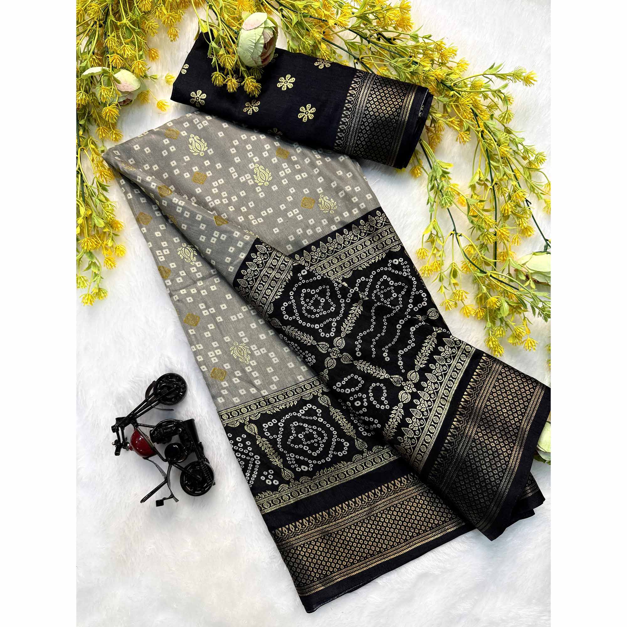 Grey & Black Dola Silk Saree Featuring Traditional Bandhani Print & Woven Border - Image 3