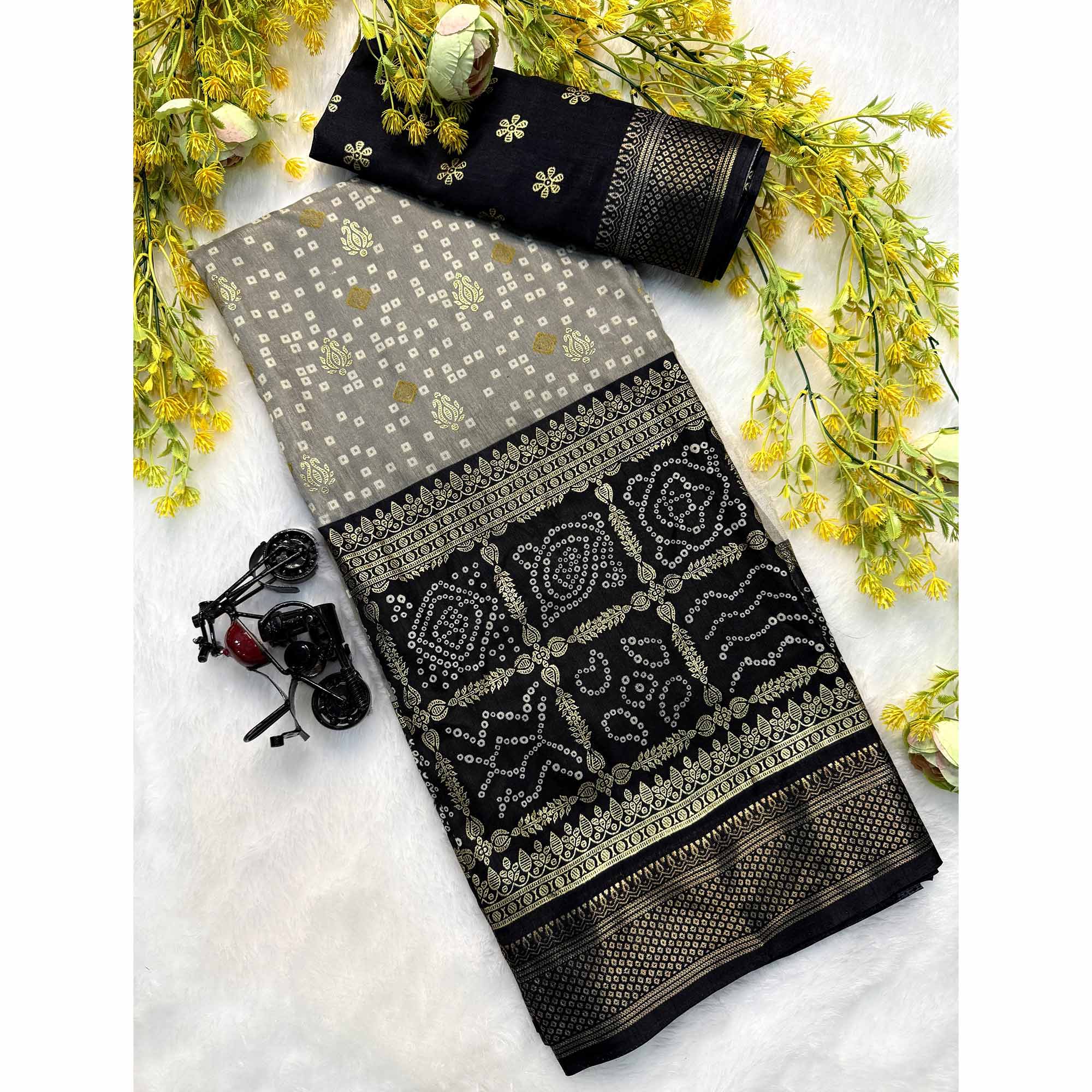 Grey & Black Dola Silk Saree Featuring Traditional Bandhani Print & Woven Border - Image 4