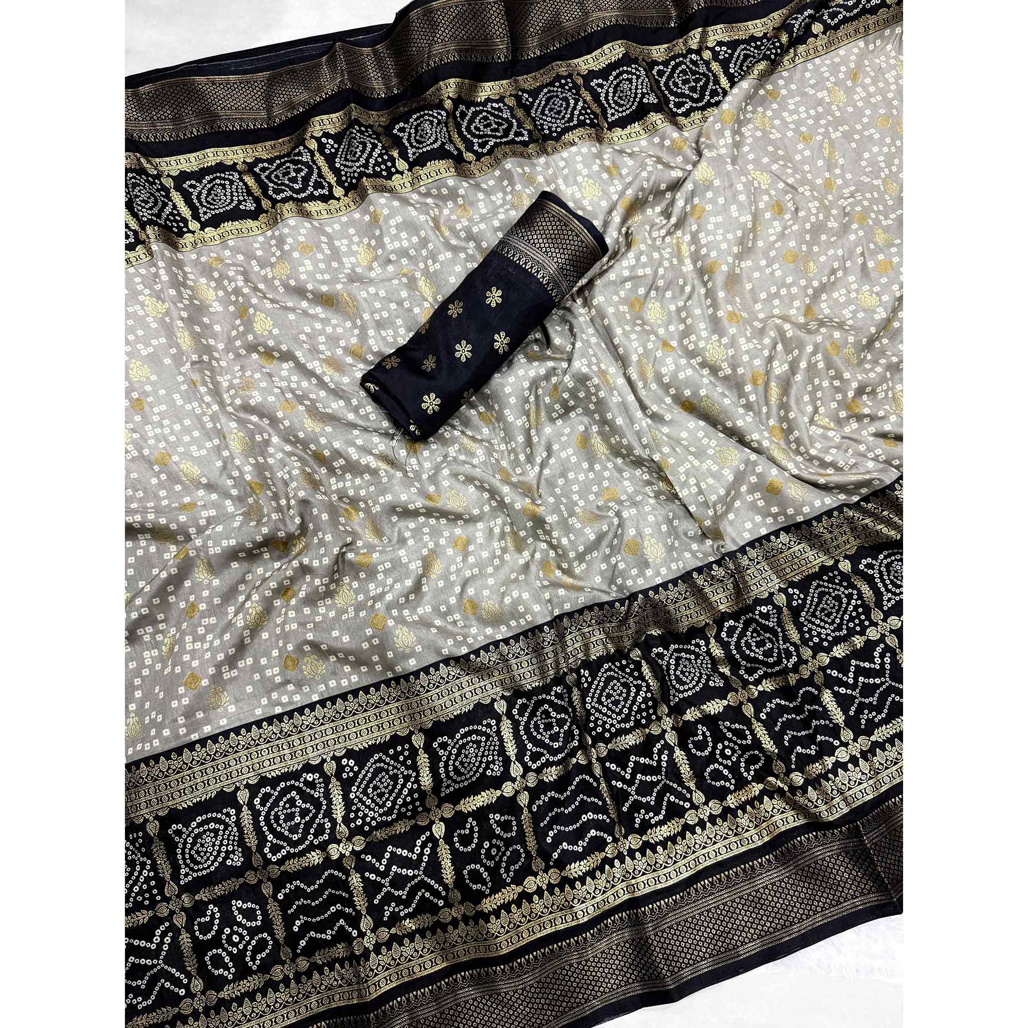 Grey & Black Dola Silk Saree Featuring Traditional Bandhani Print & Woven Border - Image 5