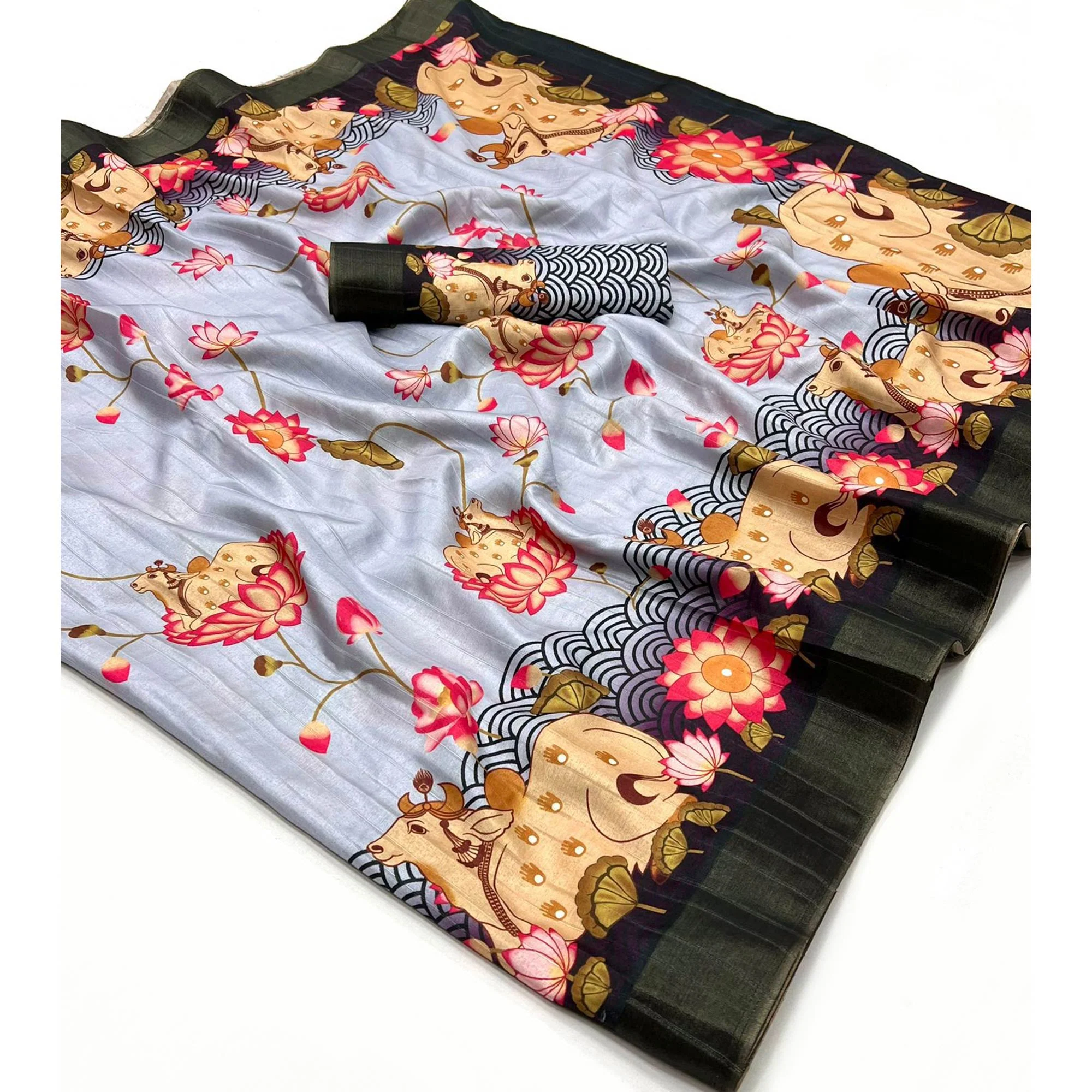 Grey & Black Floral Digital Printed Tussar Silk Saree - Image 3