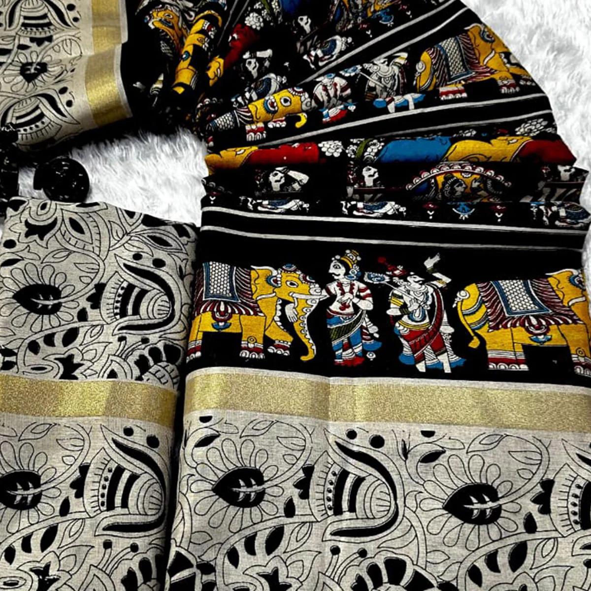 Grey & Black Kalamkari Printed Pure Mulmul Cotton Saree - Image 2