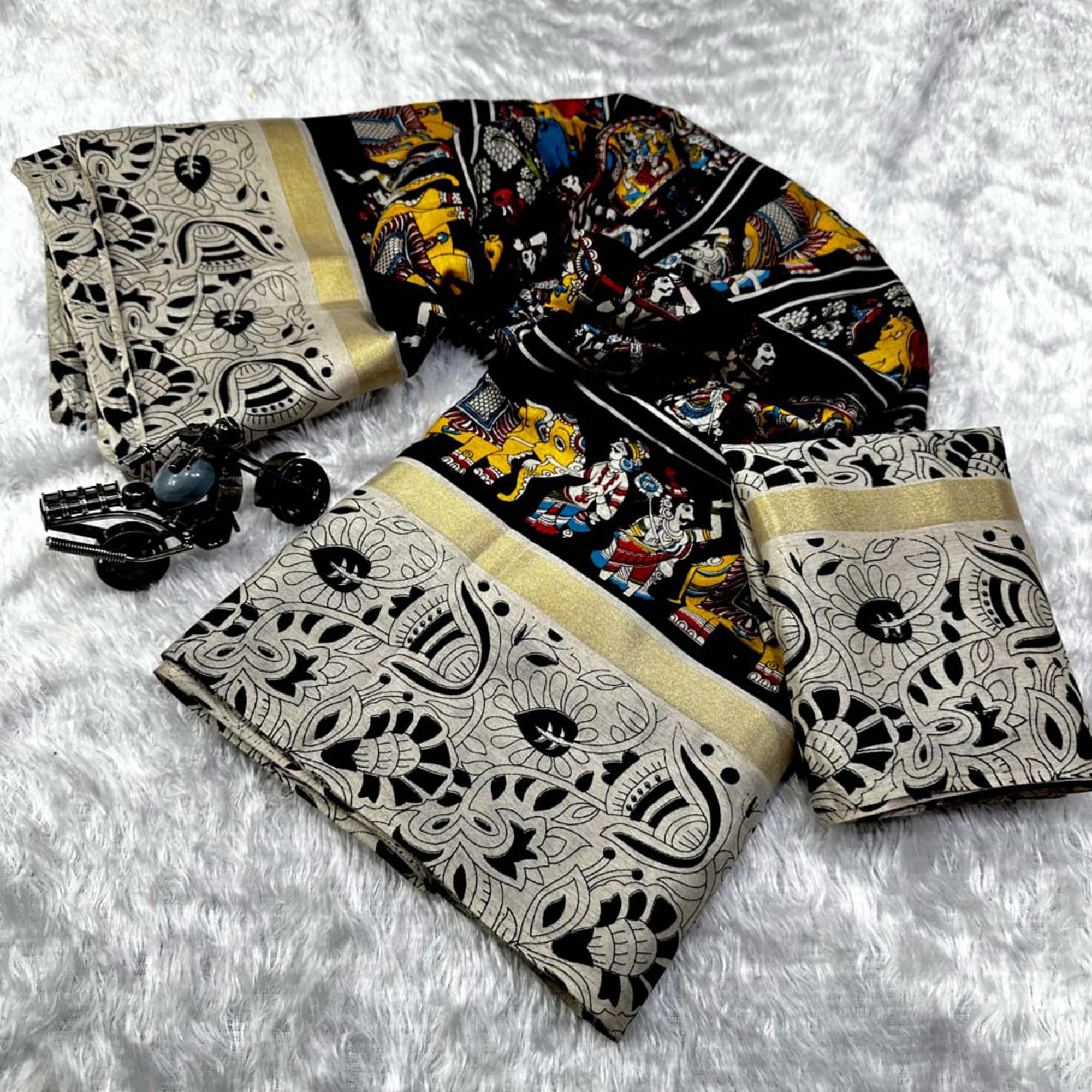 Grey & Black Kalamkari Printed Pure Mulmul Cotton Saree - Image 3