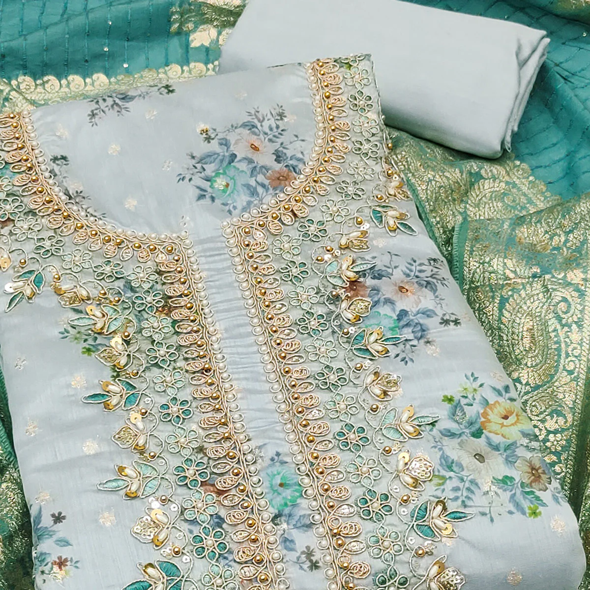 Grey Chanderi Silk Dress Material Adorned With Floral Sequins Embroidery & Delicate Moti Handwork - Image 2