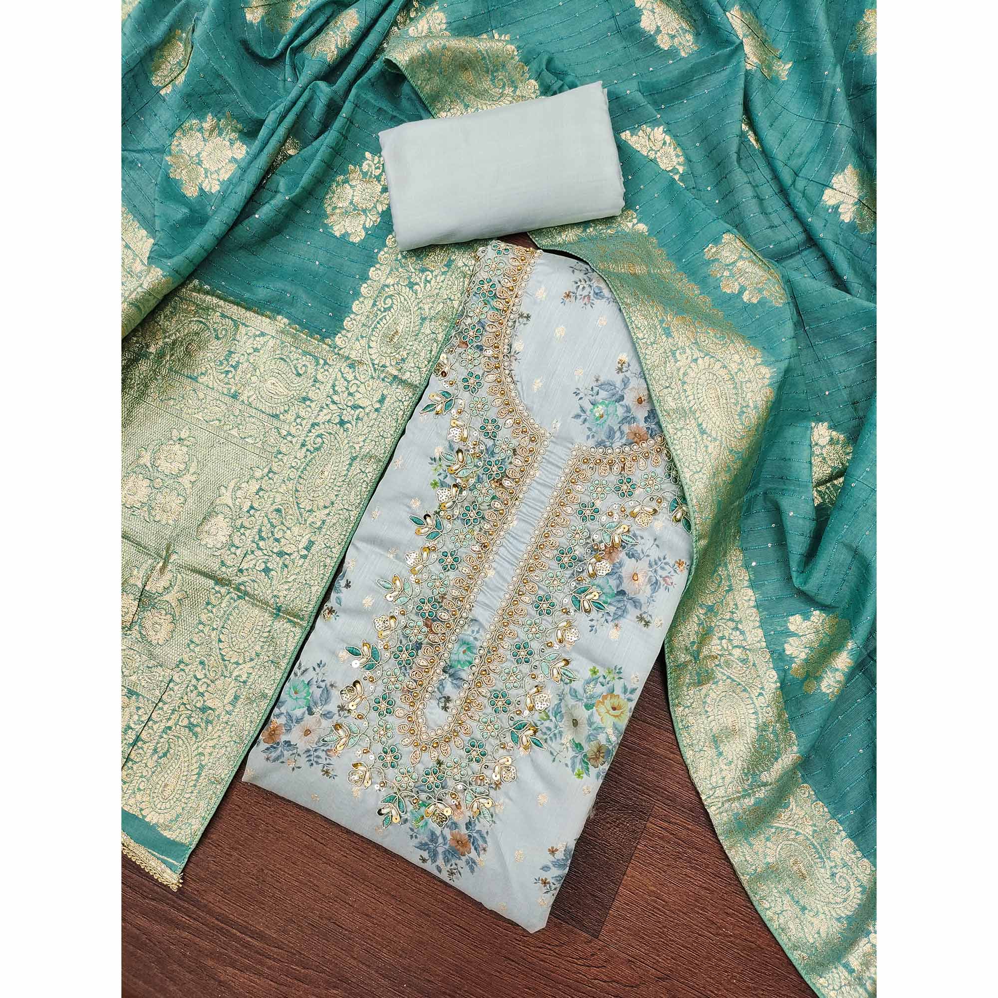 Grey Chanderi Silk Dress Material Adorned With Floral Sequins Embroidery & Delicate Moti Handwork - Image 3