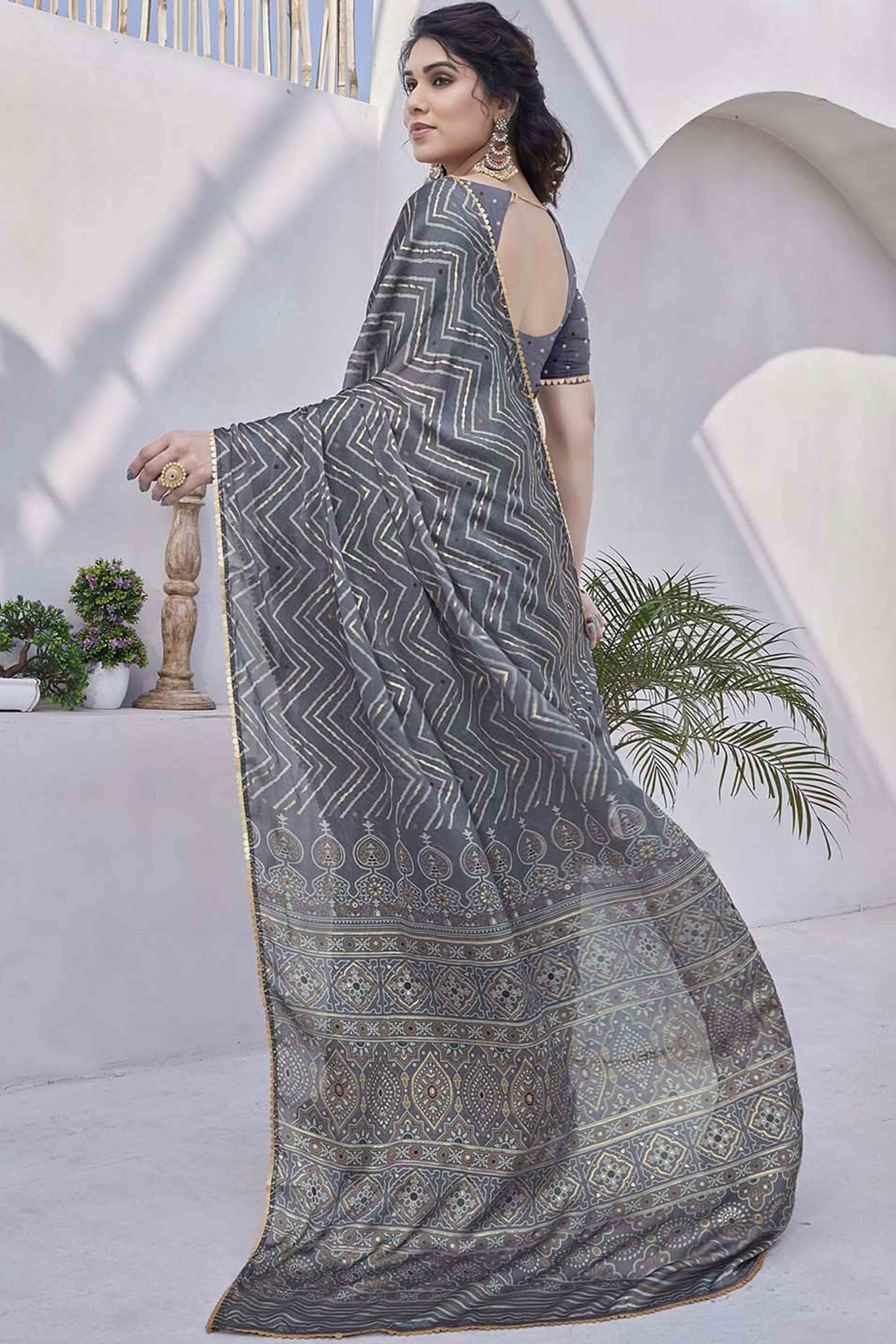 Grey Chiffon Saree With Zig-Zag Foil Print & Golden Lace Border - Image 4