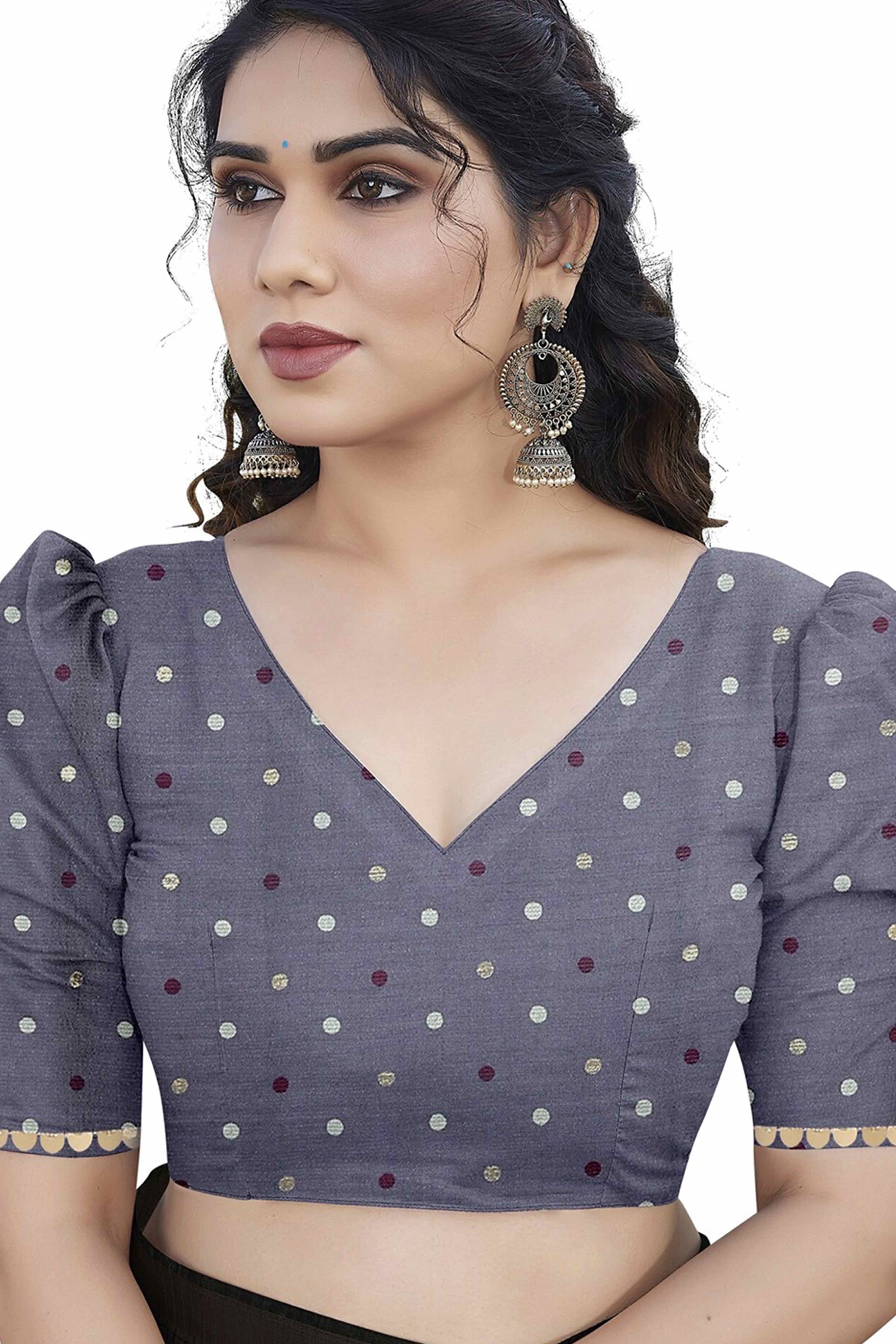 Grey Chiffon Saree With Zig-Zag Foil Print & Golden Lace Border - Image 6