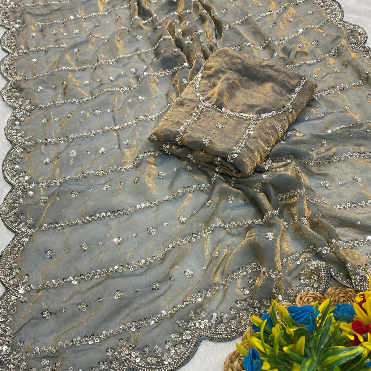 Grey Designer Satin Partywear Saree Enhanced with Sparkling Sequins Work - Image 2