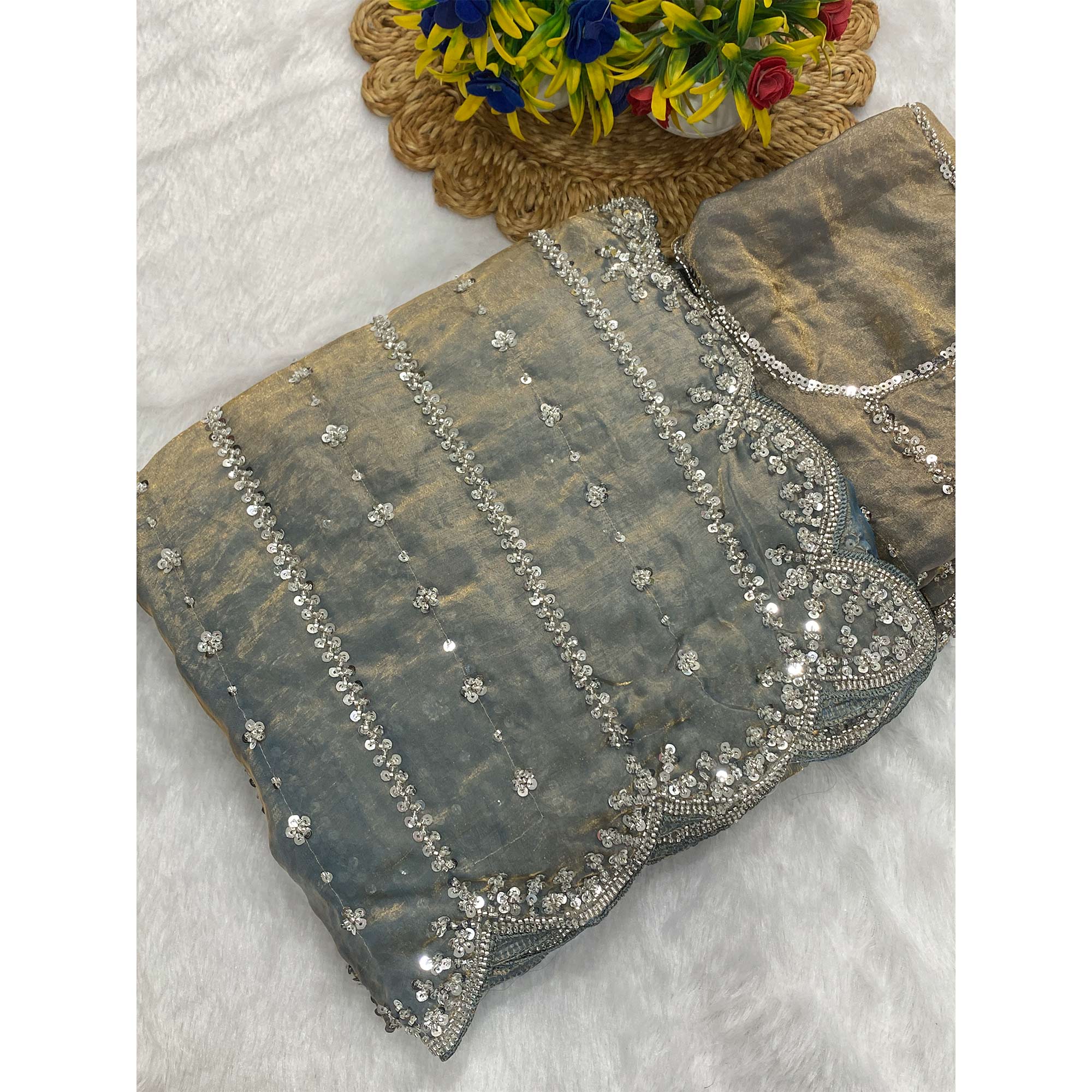 Grey Designer Satin Partywear Saree Enhanced with Sparkling Sequins Work - Image 3
