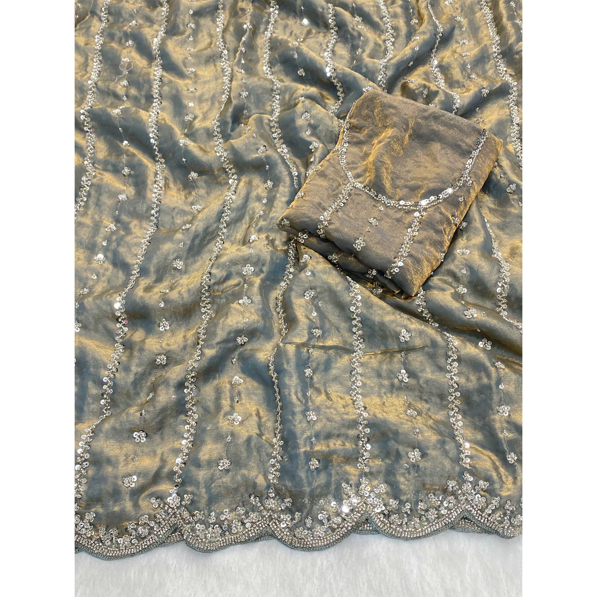 Grey Designer Satin Partywear Saree Enhanced with Sparkling Sequins Work - Image 4
