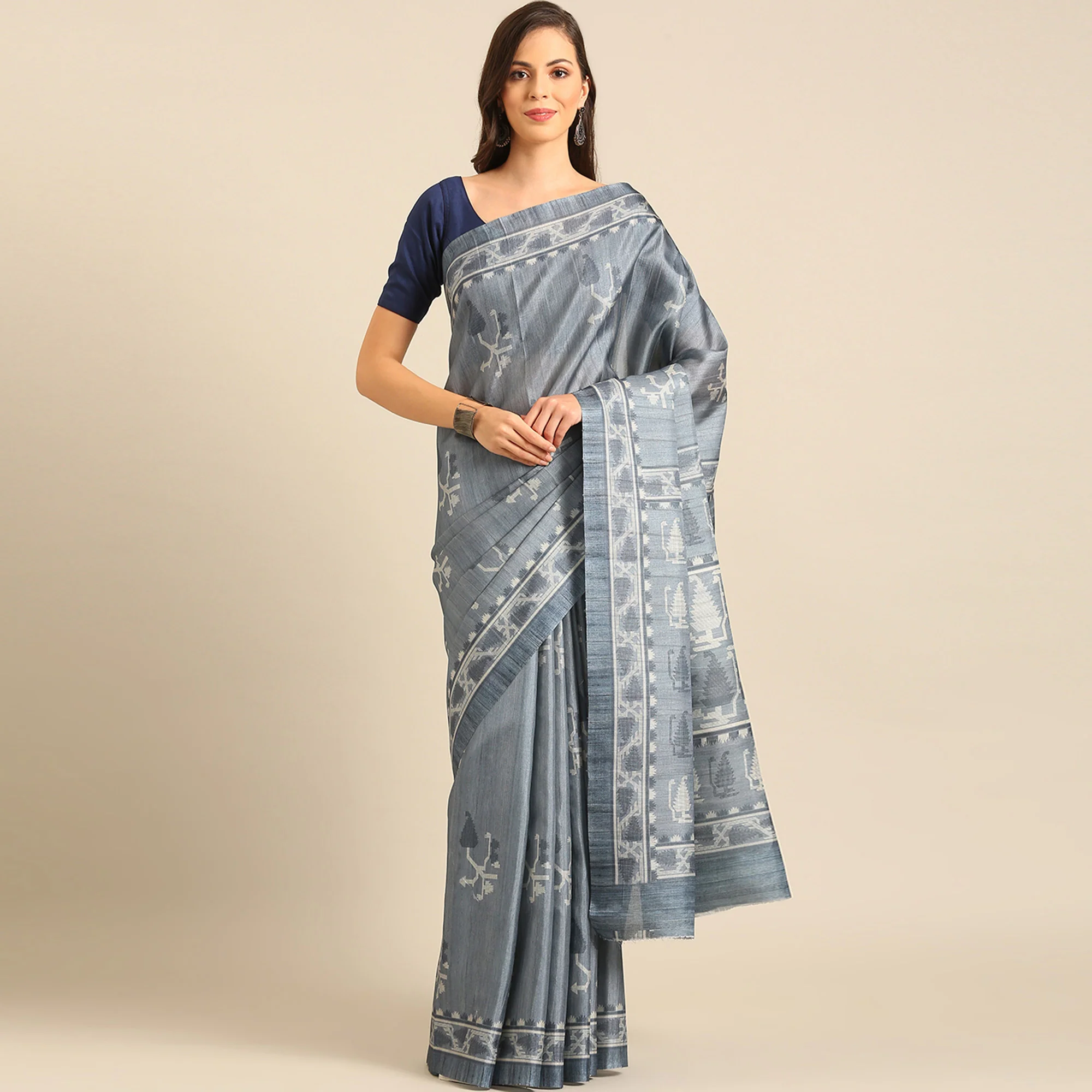 Grey Digital Print Cotton Blend Saree - Image 2