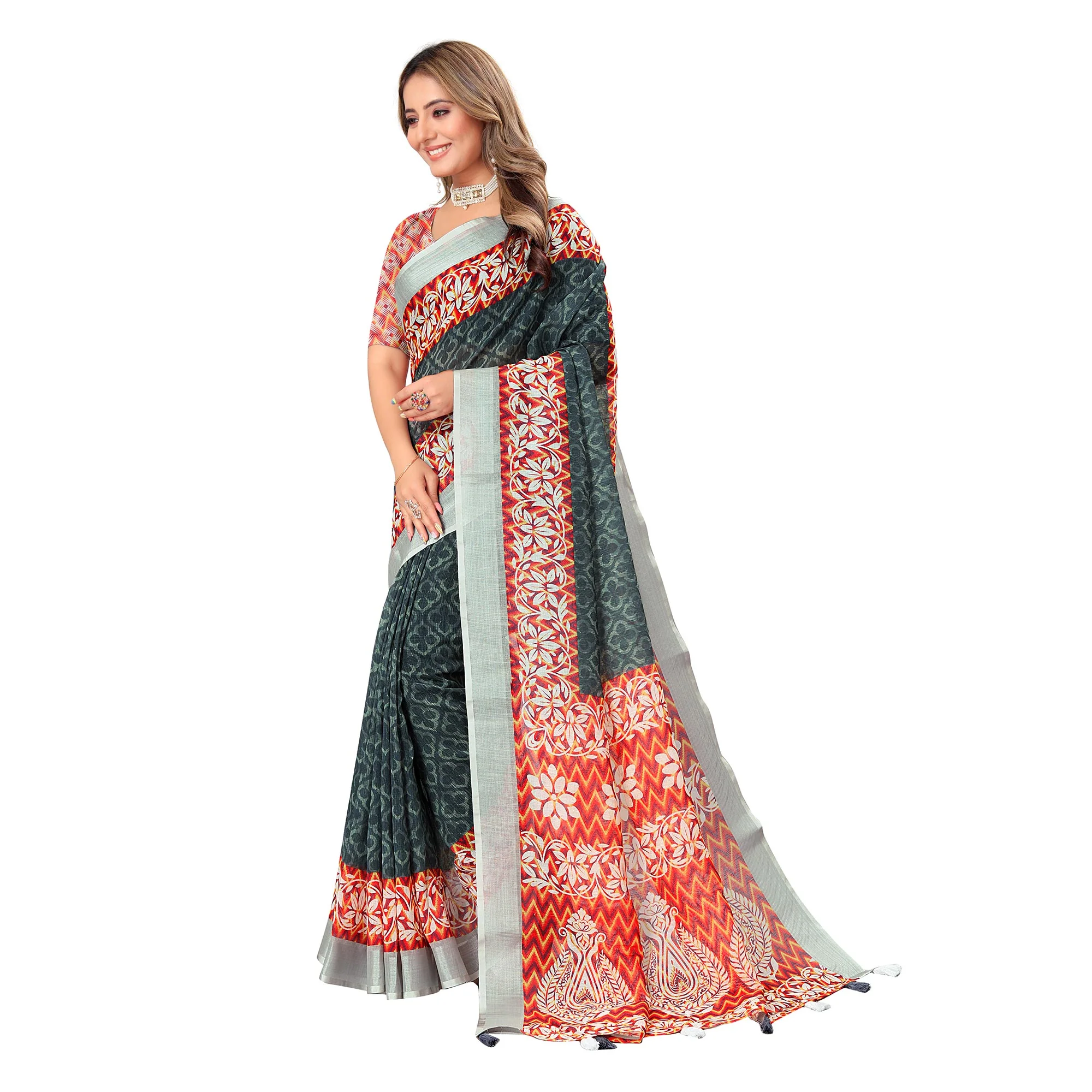 Grey Digital Print Linen Saree - Image 4