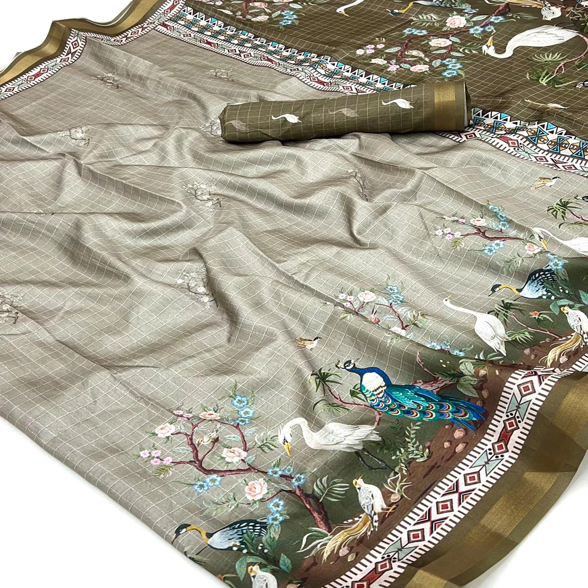 Grey Digital Printed Dola Silk Saree With Royal Floral & Peacock Motifs - Image 2