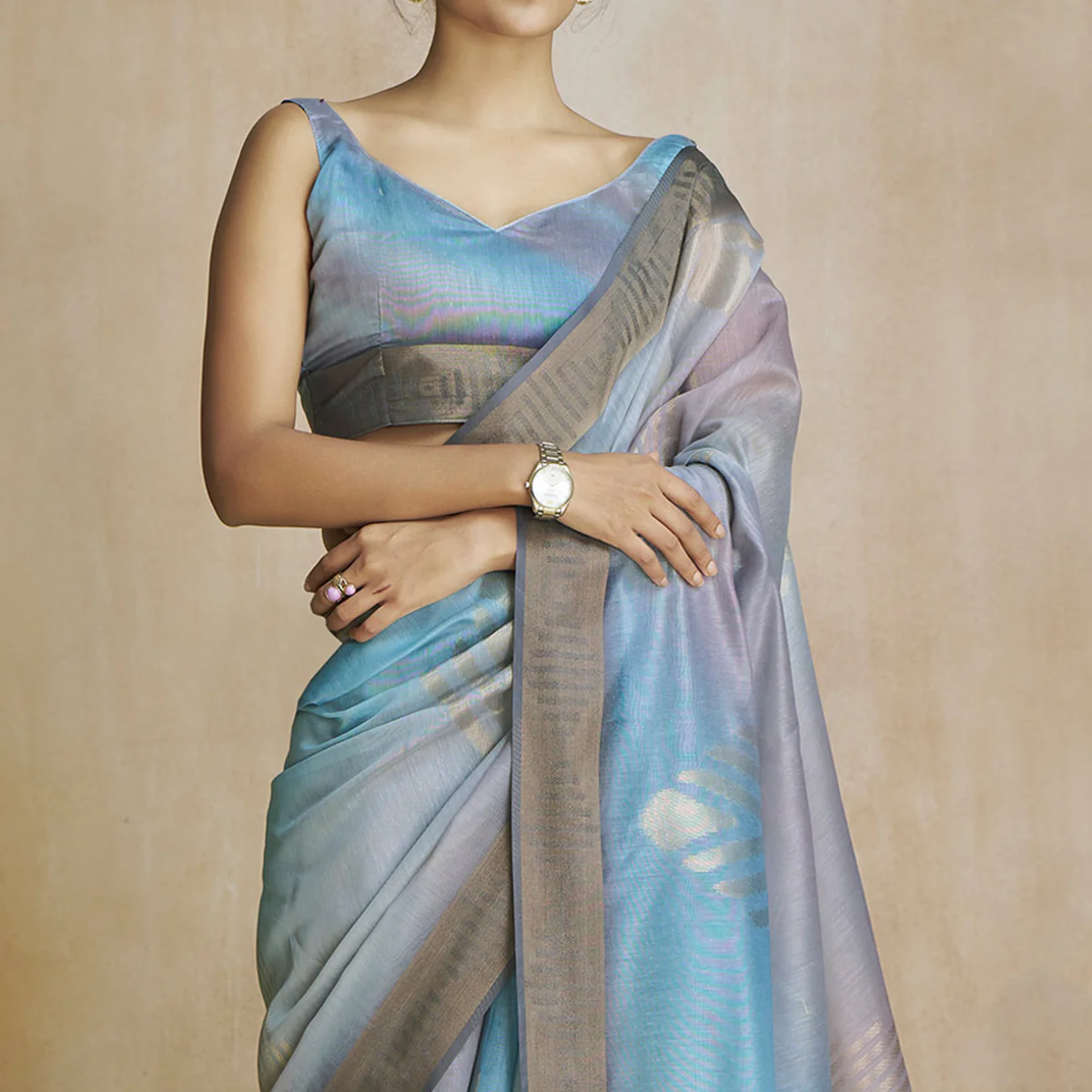 Grey Digital Printed With Woven Pure Silk Ombre Saree - Image 3