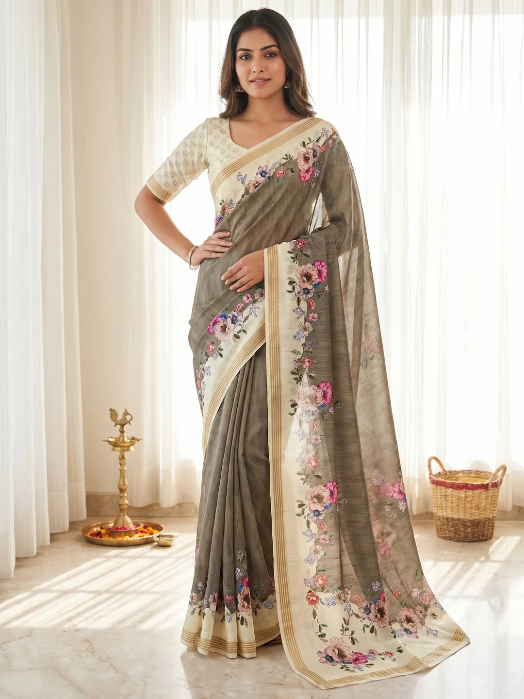 Grey Dola Silk Saree with Elegant Floral Digital Print