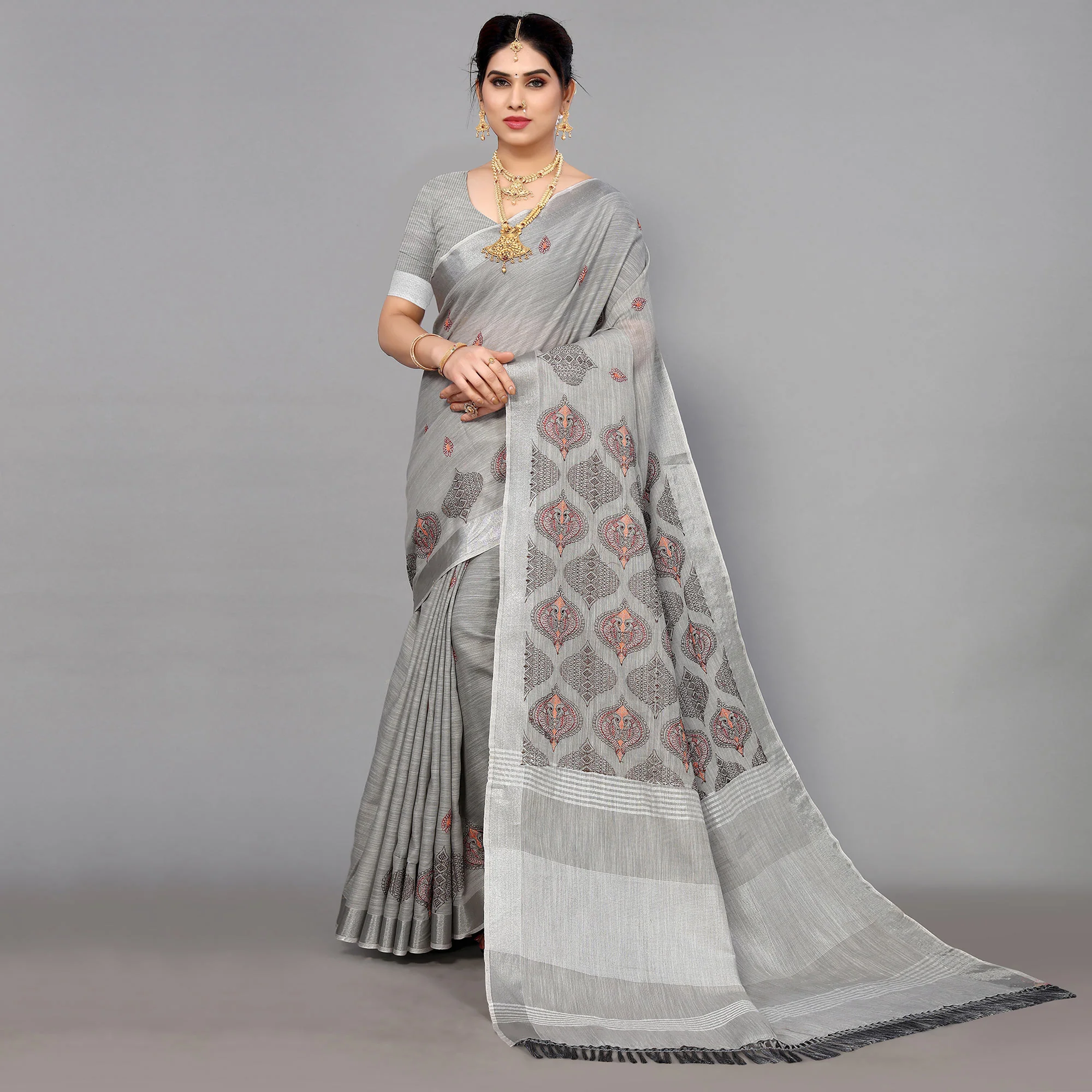 Grey Embroidered Cotton Silk Saree With Tassels - Image 3